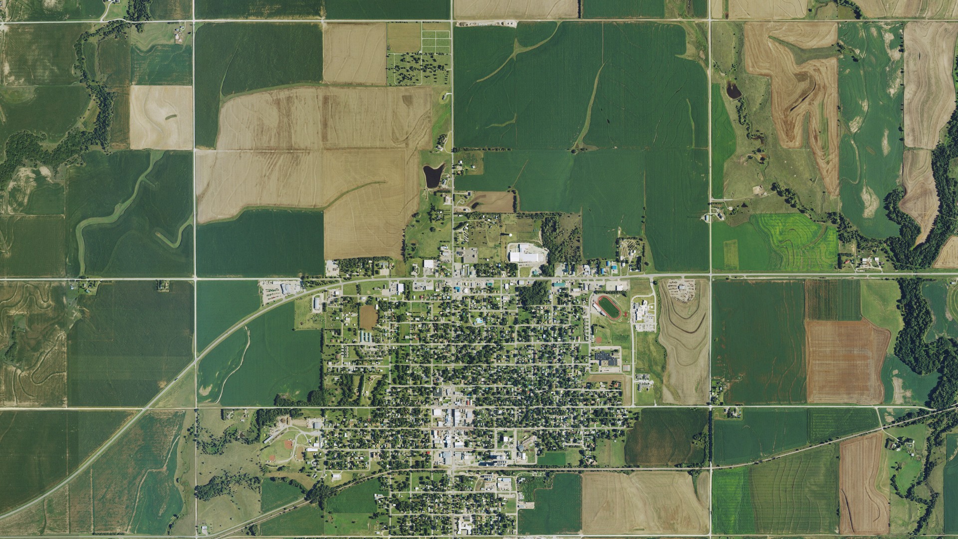 Aerial view of land around Center, Kansas