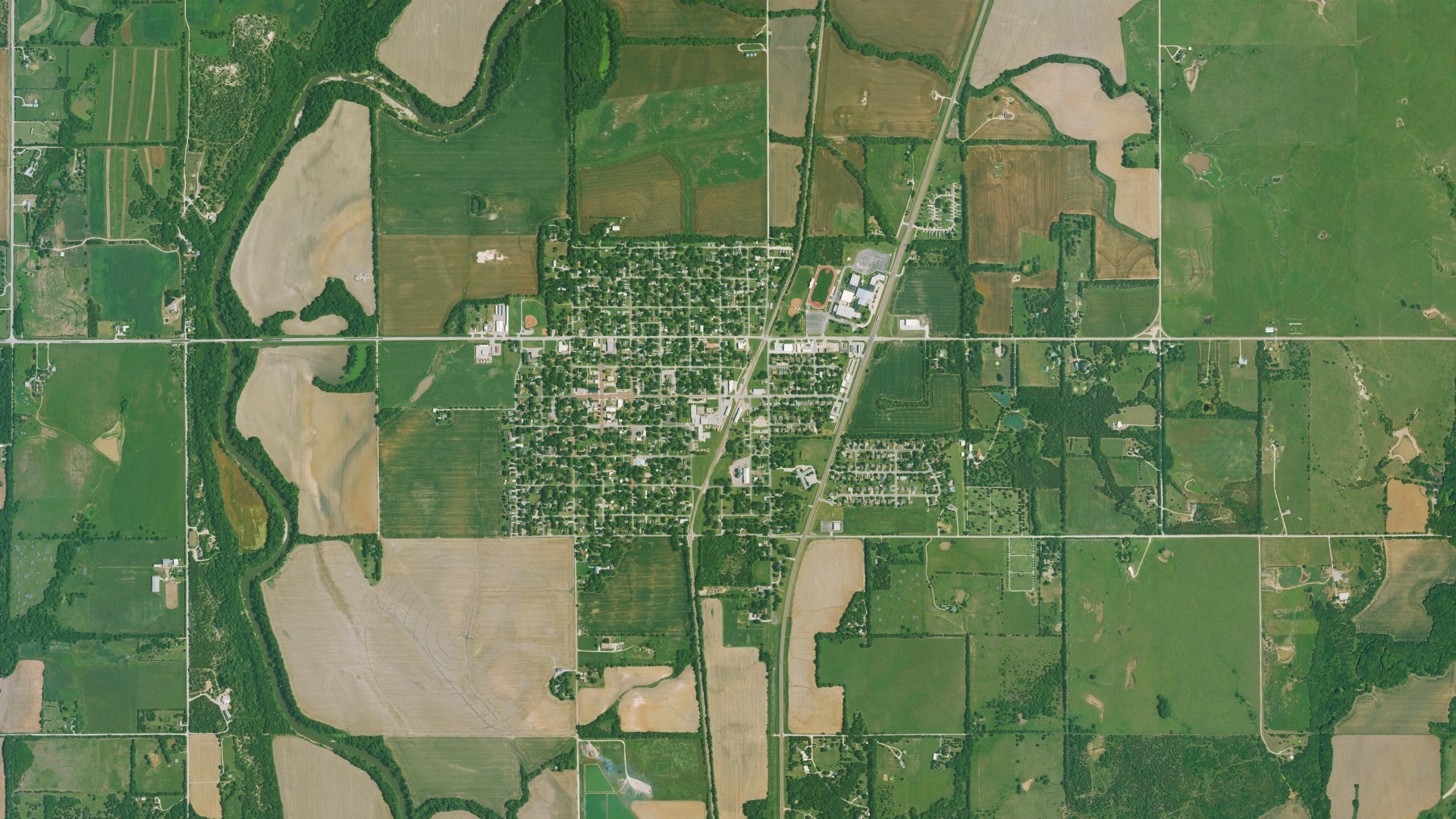 Aerial view of land around Douglass, Kansas