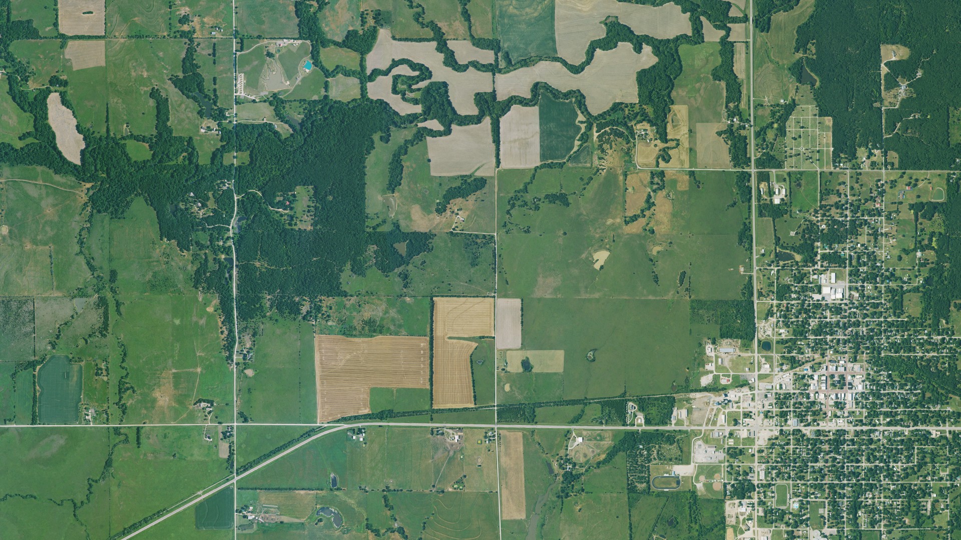 Natural-color aerial photograph of land around Woodson County, Kansas