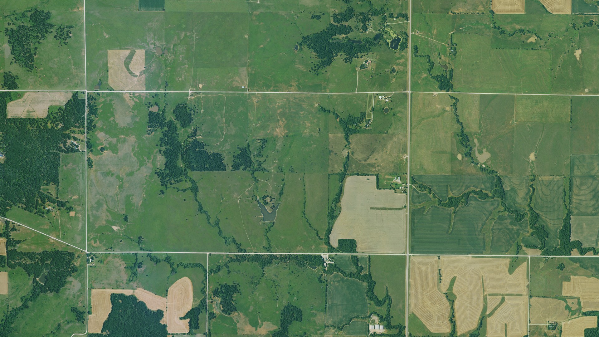 Aerial view of land around Center, Kansas
