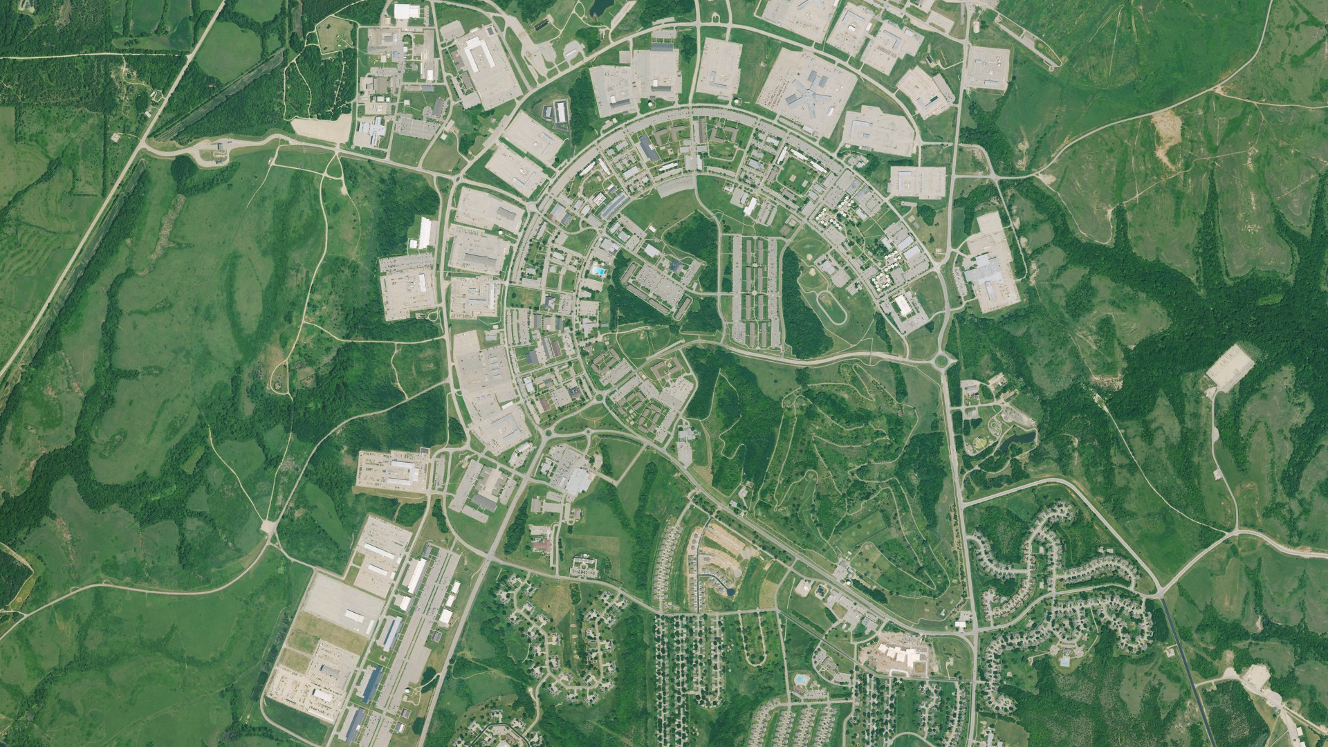Natural-color aerial photograph of land around Fort Riley, Kansas