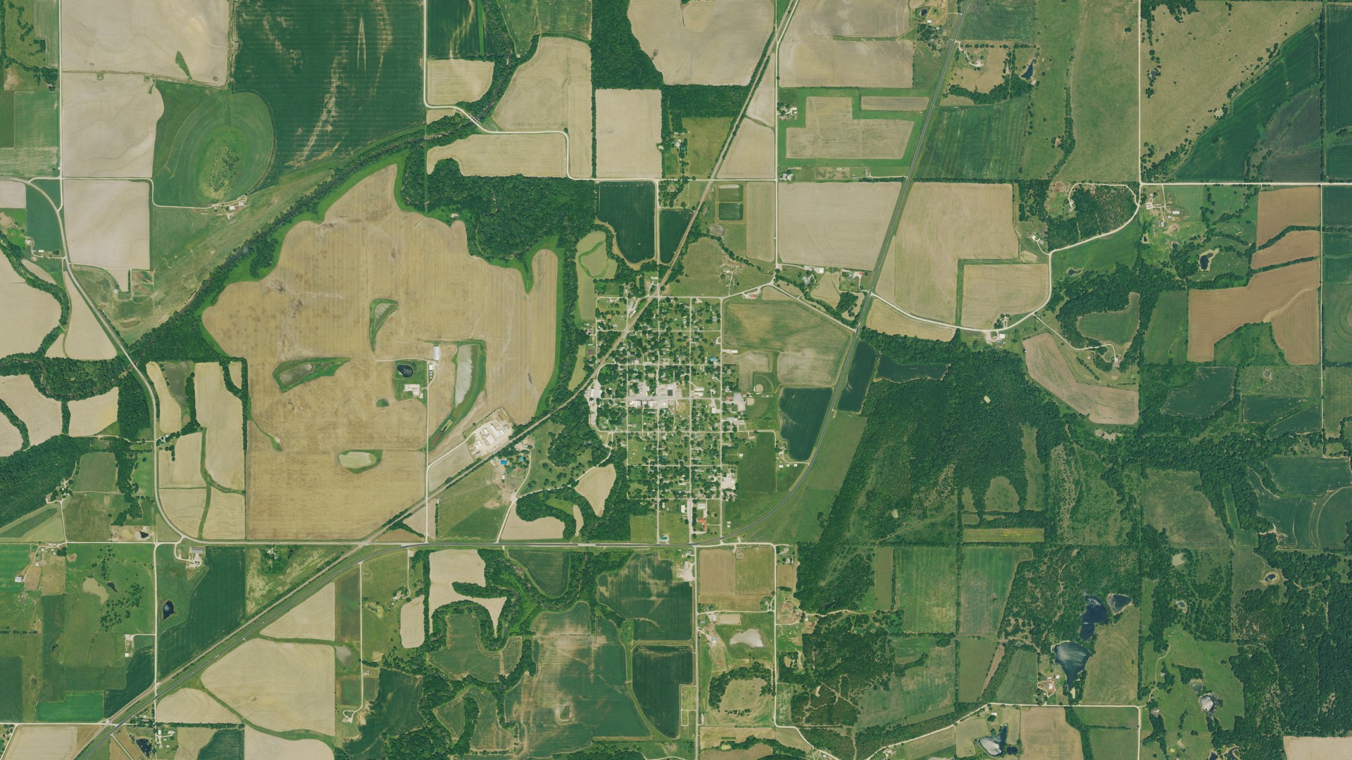 Aerial view of land around Greeley, Kansas