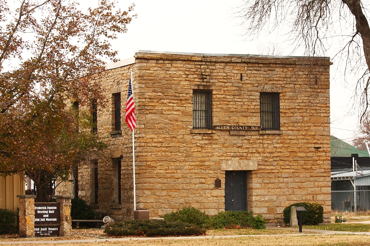Front of the former Allen County Jail, located at 204 N. Jefferson Street in Iola, Kansas, United States. Built in 1869, the jail is listed on the National Register of Historic Places.