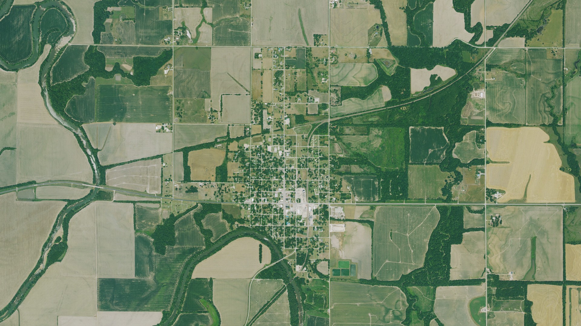 Aerial view of land around LeRoy, Kansas