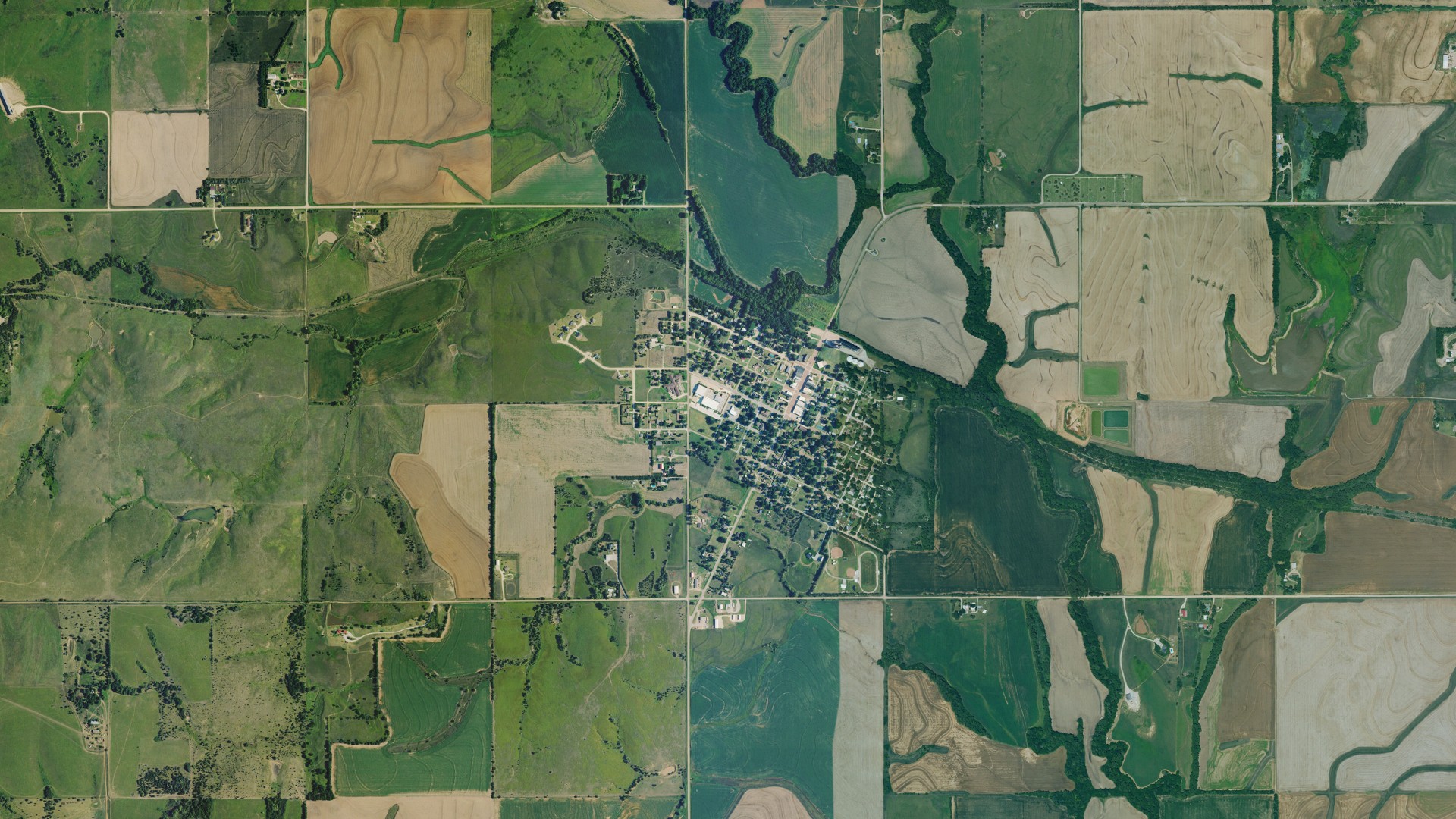 Aerial view of land around Little River, Kansas
