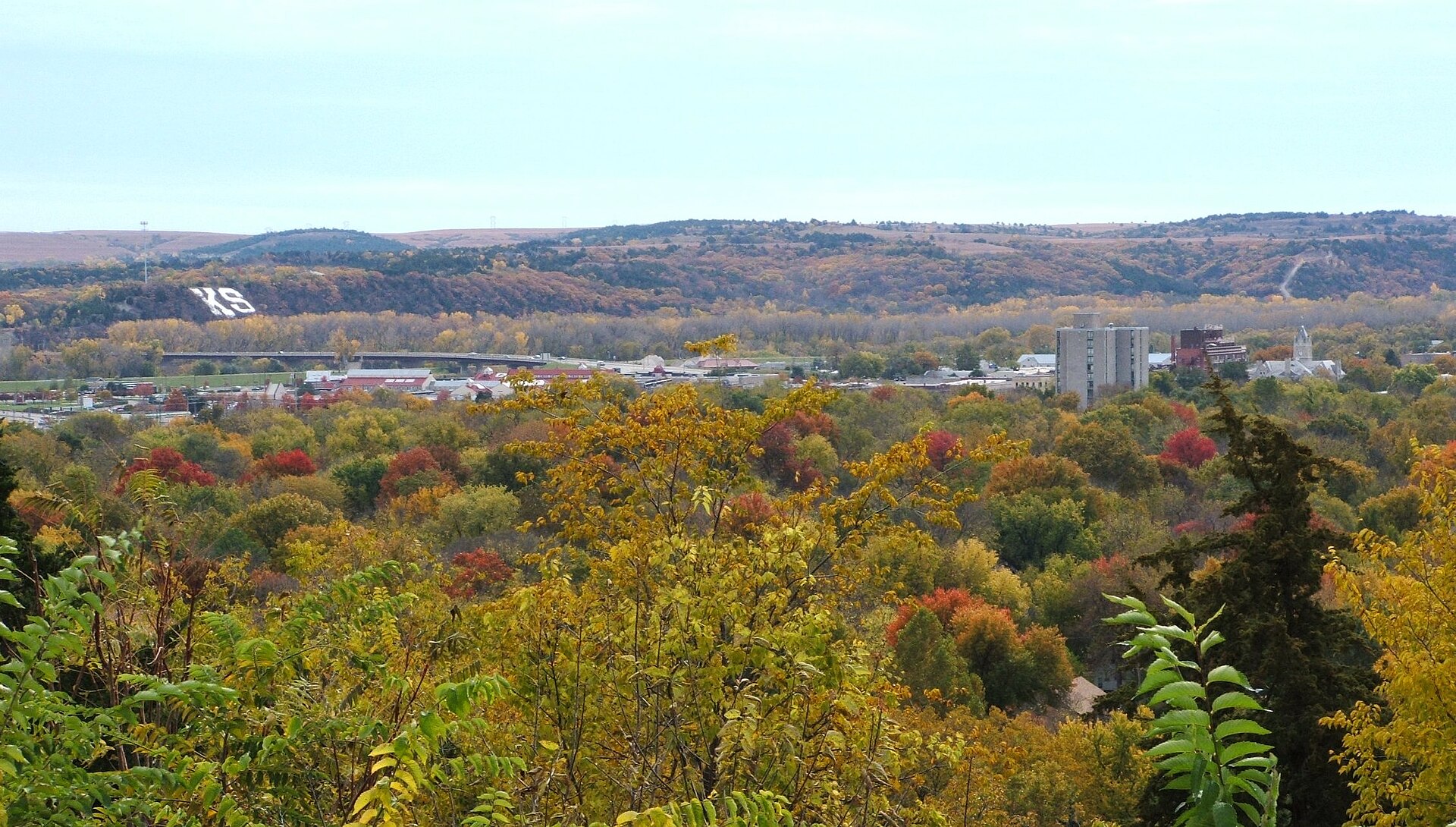 Picture of Downtown Manhattan, Kansas, USA and K-Hill. Taken in October, 2005 modified with the GIMP.