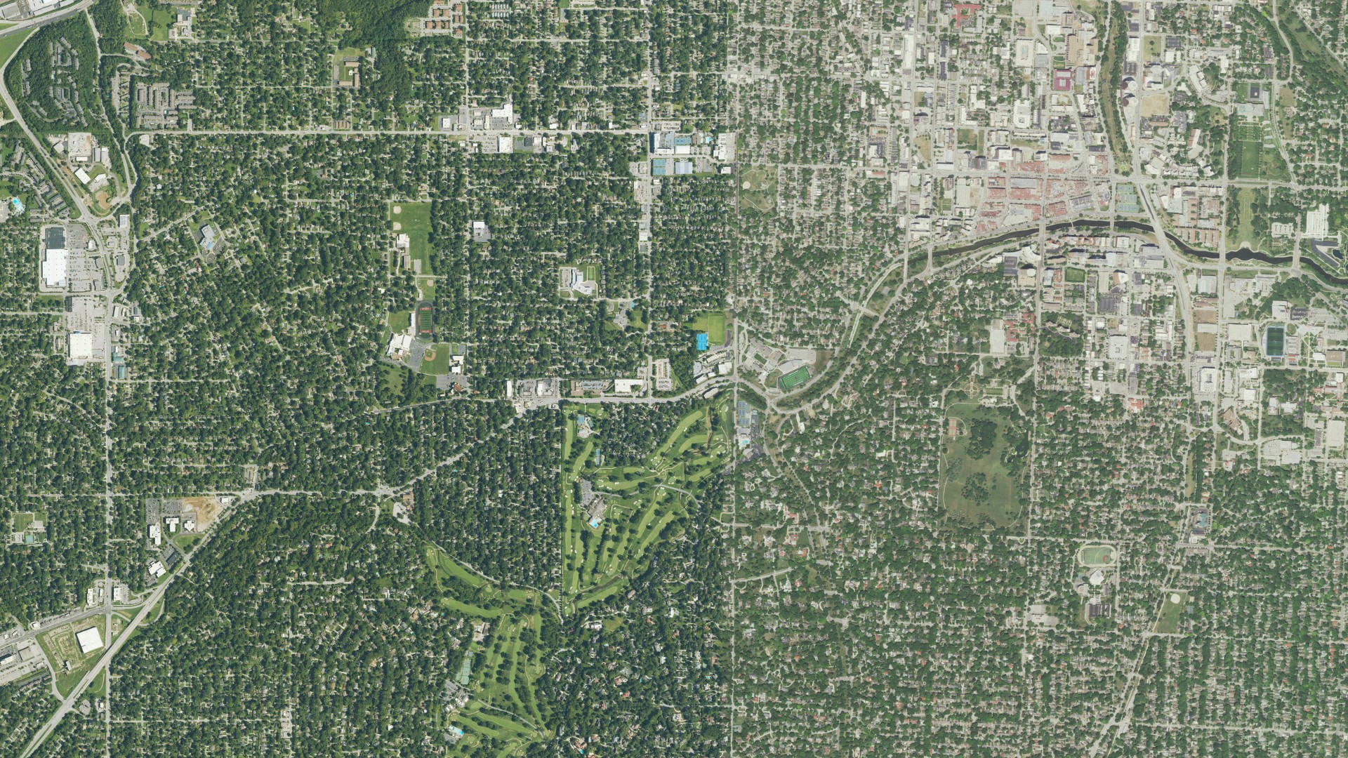 Natural-color aerial photograph of land around Mission Woods, Kansas