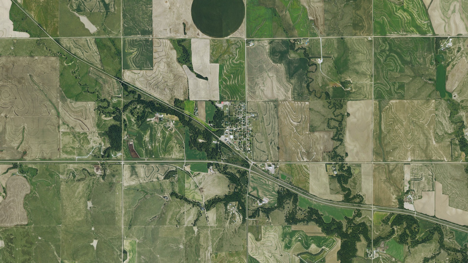 Aerial view of land around Prairie View, Kansas