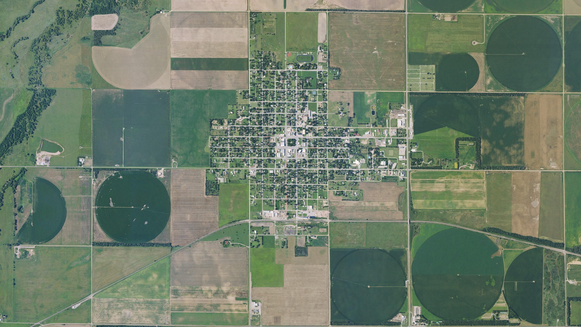 Aerial view of land around St. John, Kansas