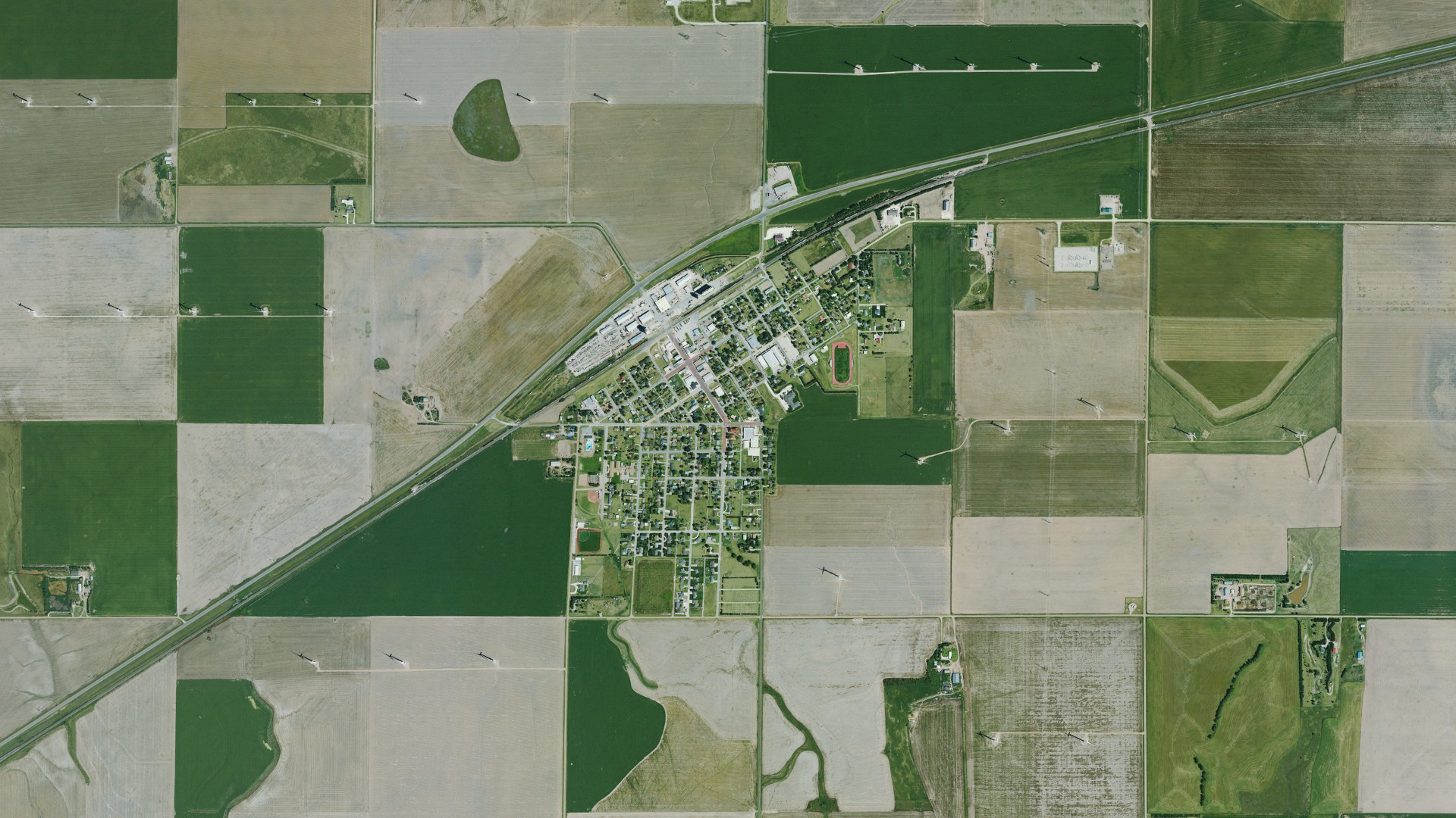 Natural-color aerial photograph of land around Spearville, Kansas