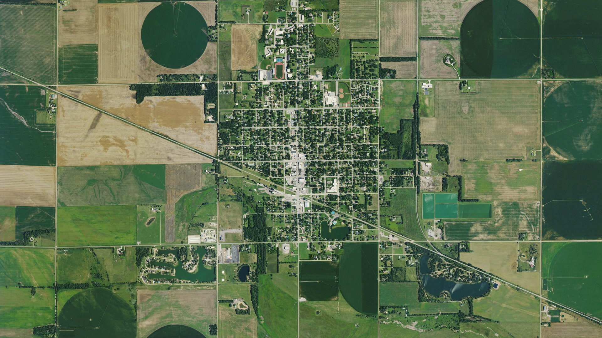 Aerial view of land around Sterling, Kansas