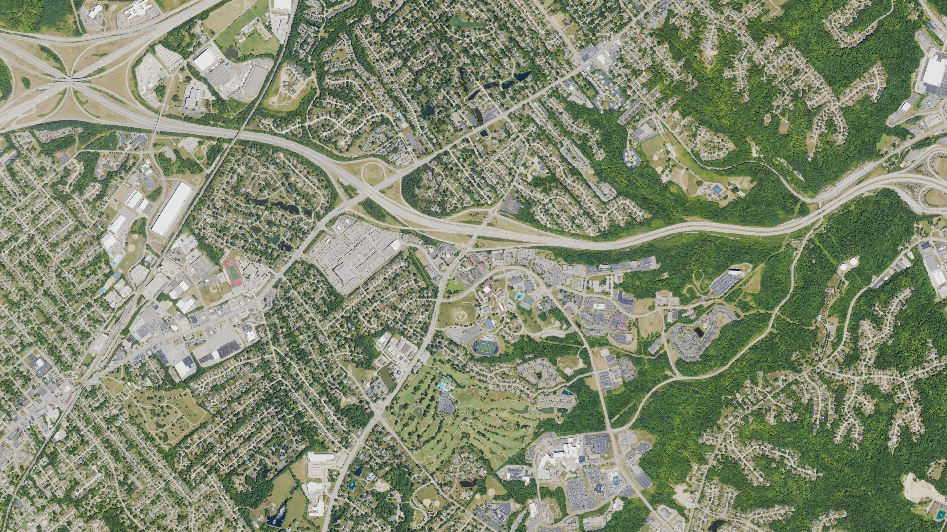Natural-color aerial photograph of land around Crestview Hills, Kentucky