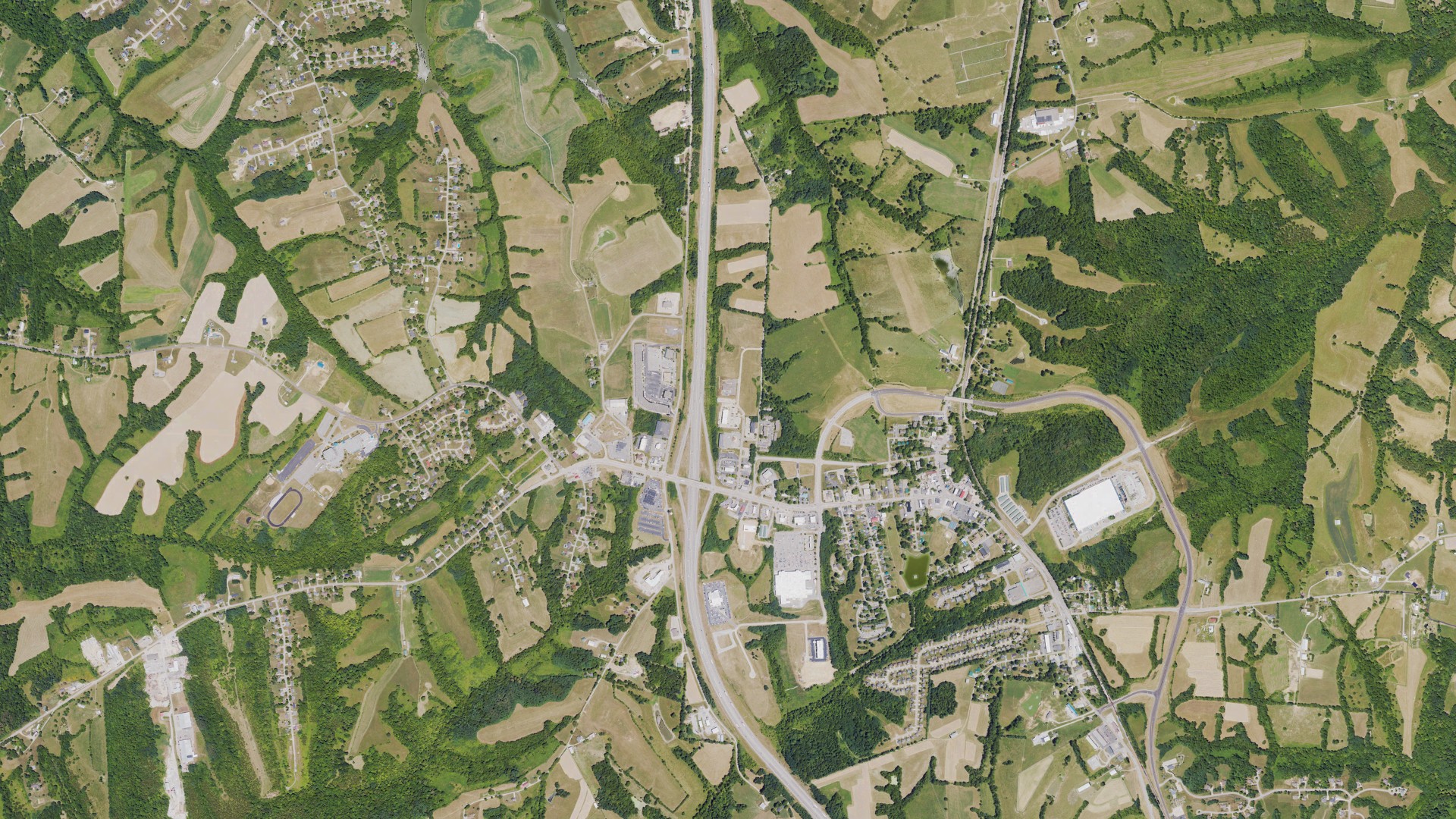 Natural-color aerial photograph of land around Dry Ridge, Kentucky