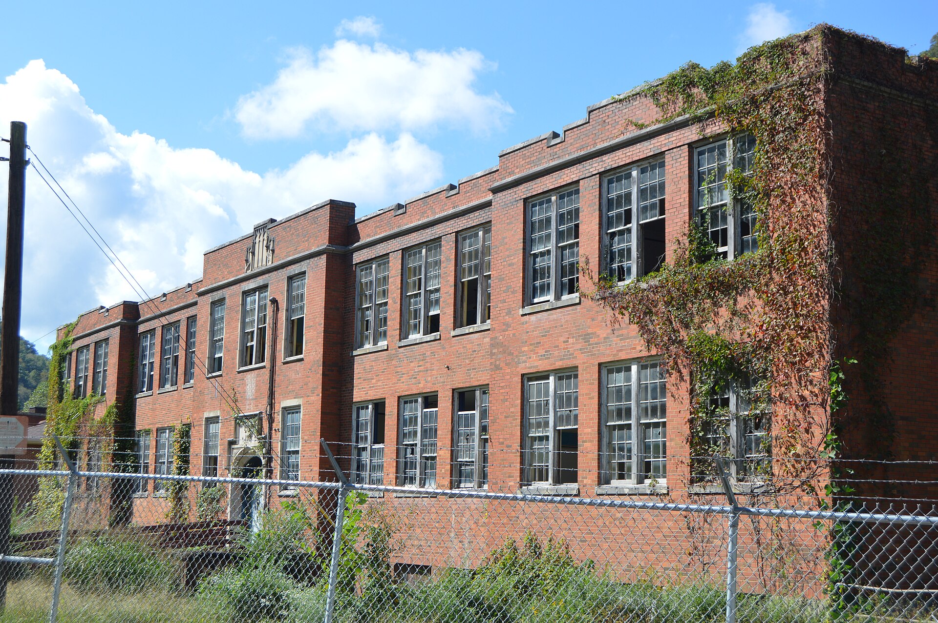 Front of the former Elkhorn City High School, located at 551 Russell Street (Kentucky Route 197) in Elkhorn City, Kentucky, United States.