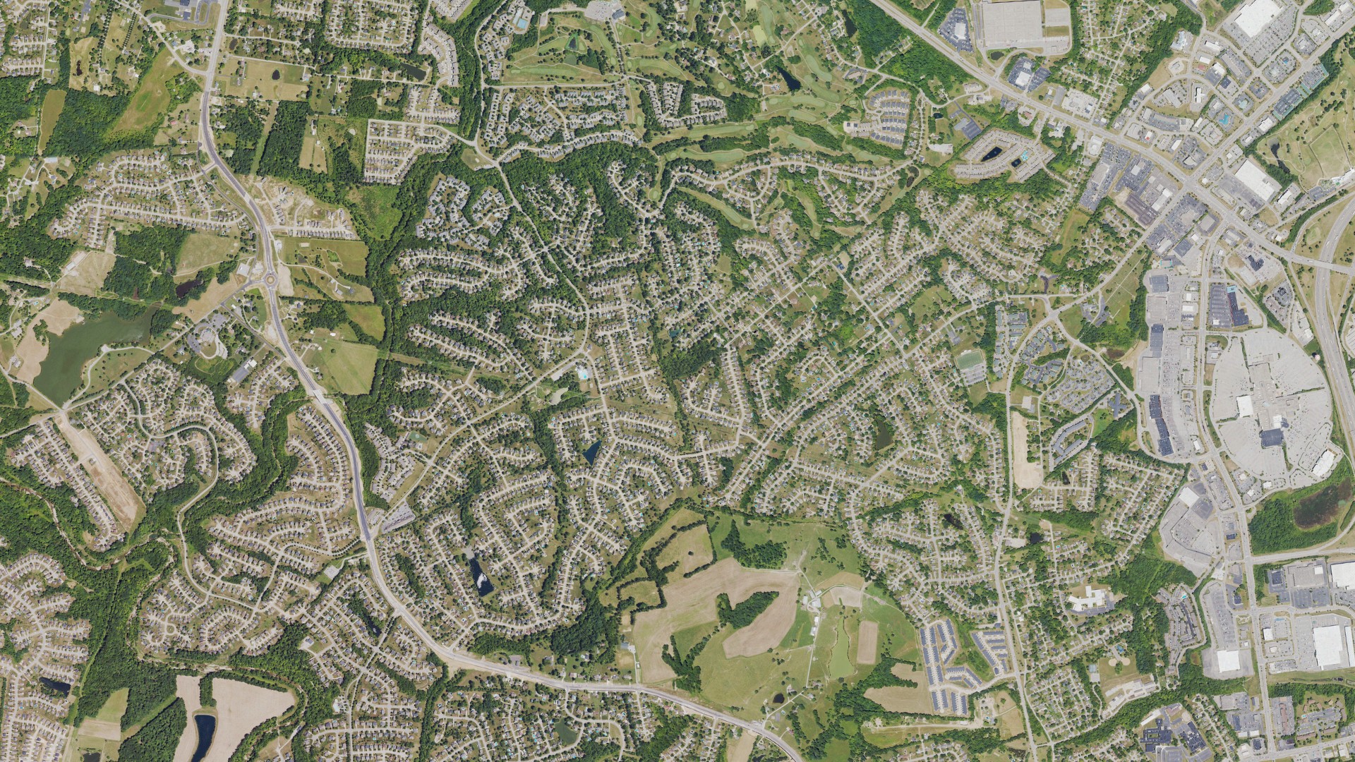Natural-color aerial photograph of land around Oakbrook, Kentucky