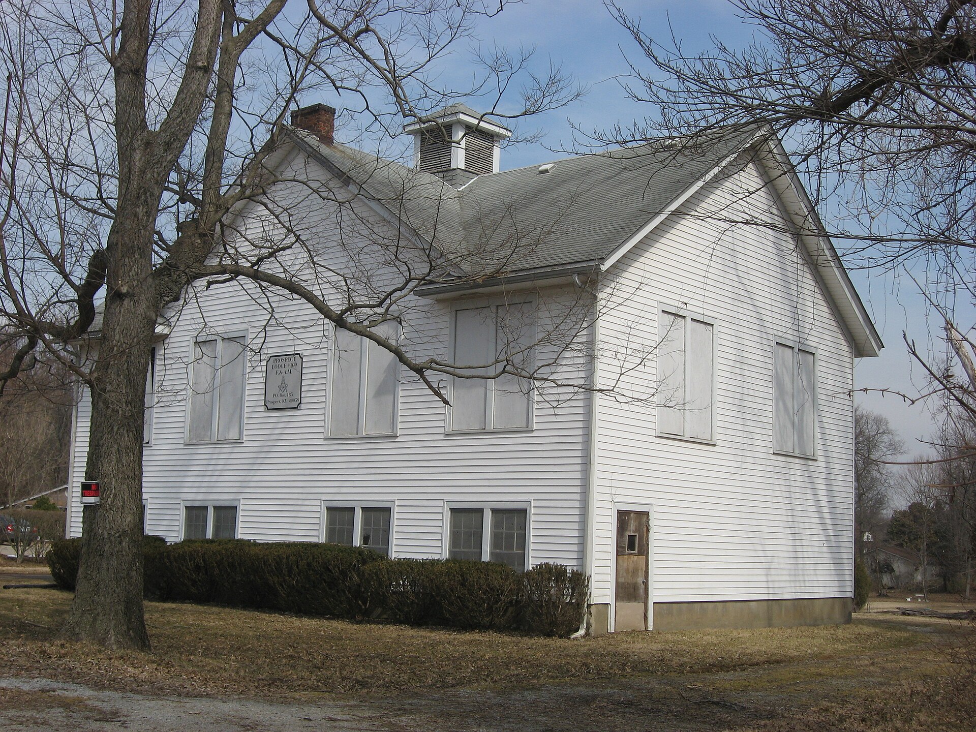 Southern end and front of the Jefferson Jacob School, located at 6517 Jacob School Road in Prospect, Kentucky, United States.