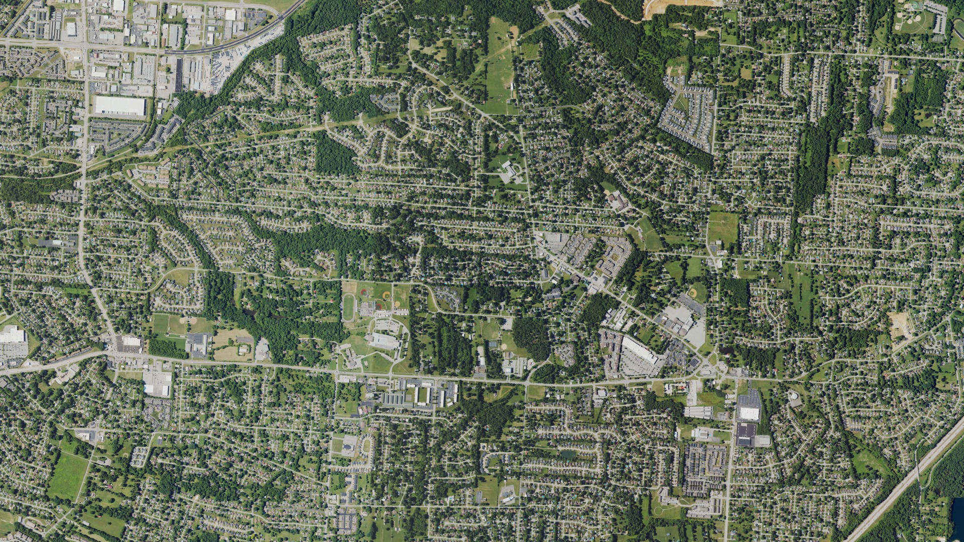 Natural-color aerial photograph of land around Spring Mill, Kentucky