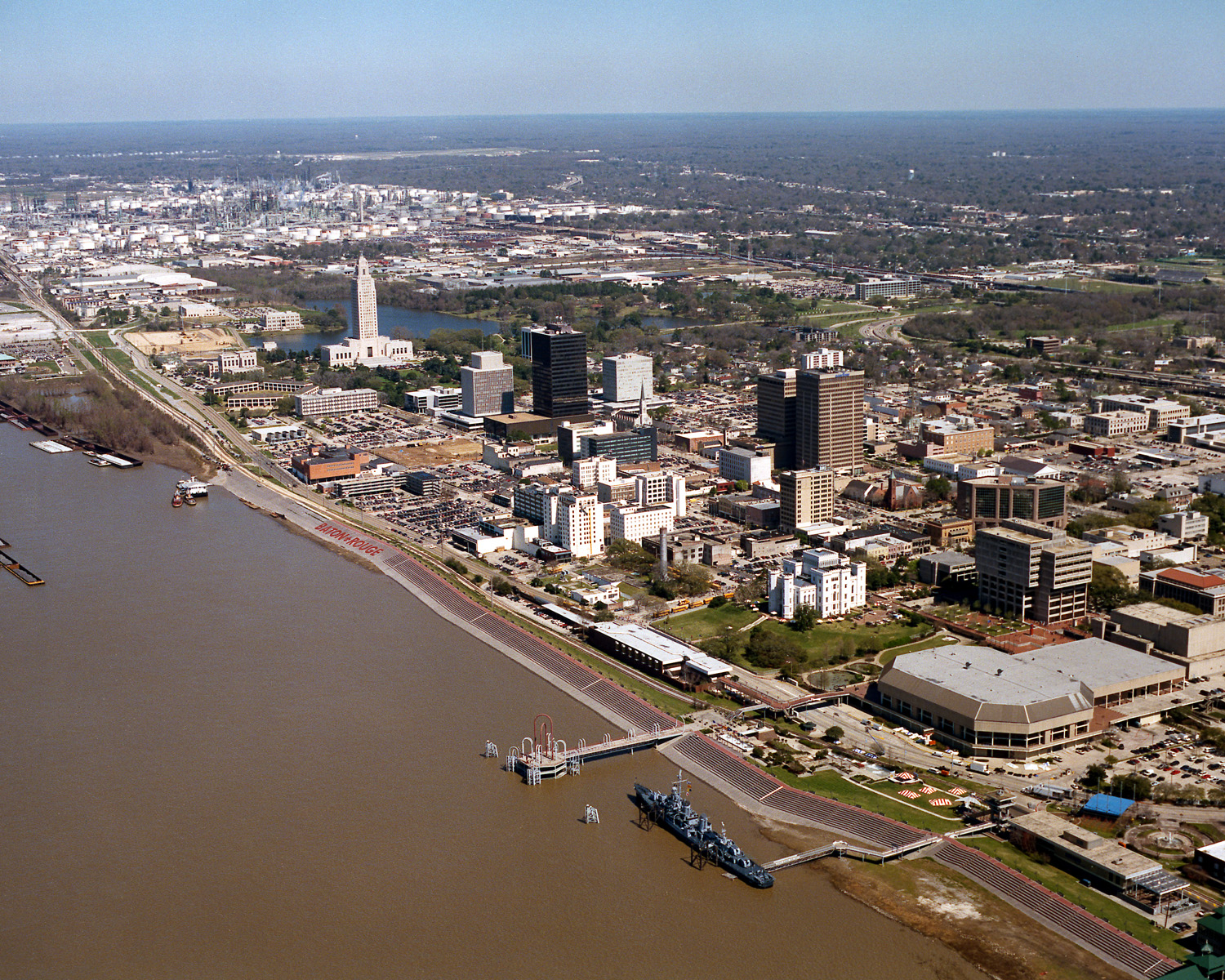 Aerial view of the riverfront area of Baton Rouge, Louisiana, USA.