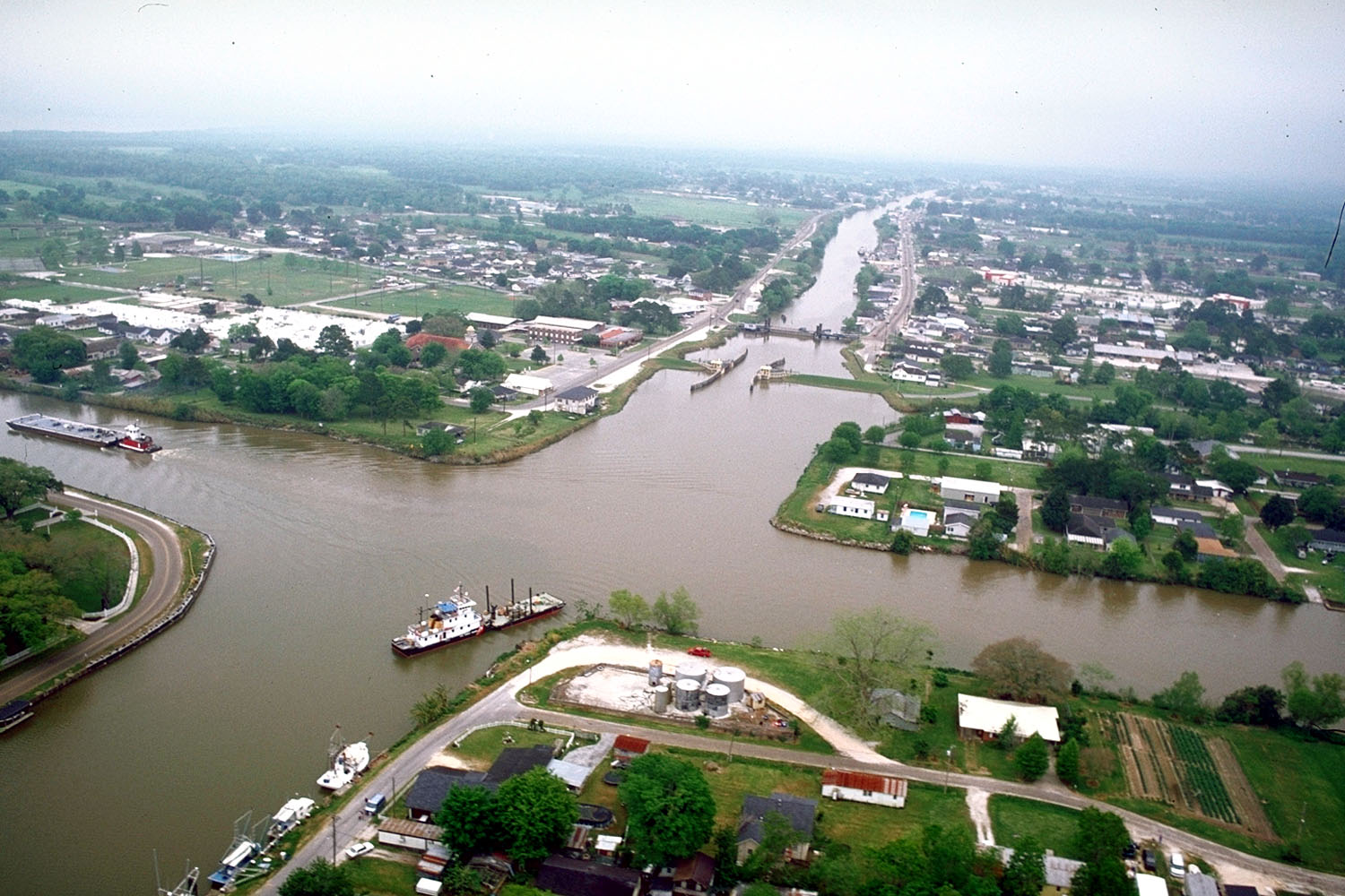 Aerial view of the intersection of Bayou Lafourche and the Gulf Intracoastal Waterway at Larose, Louisiana, USA.