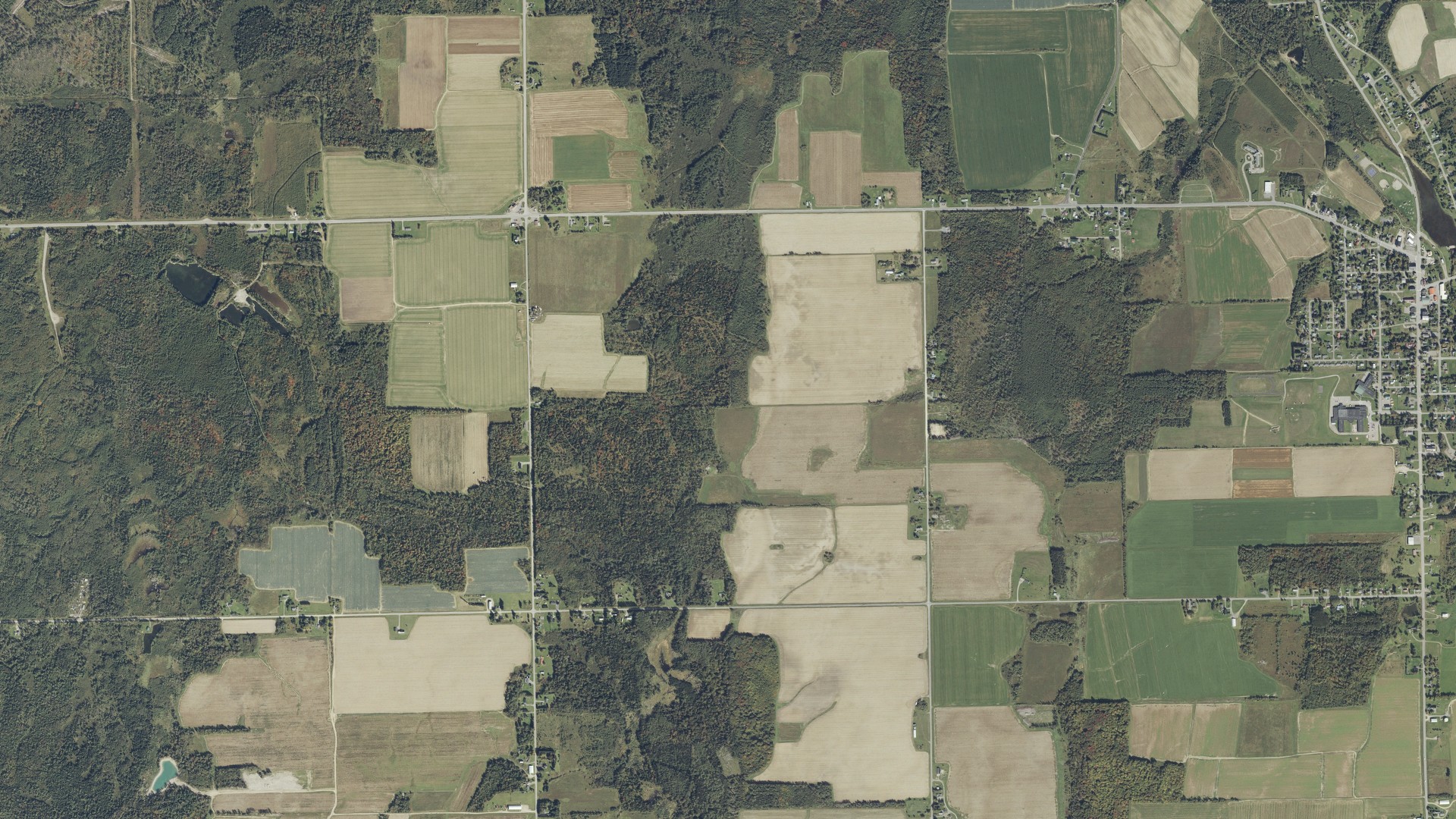 Natural-color aerial photograph of land around Limestone, Maine
