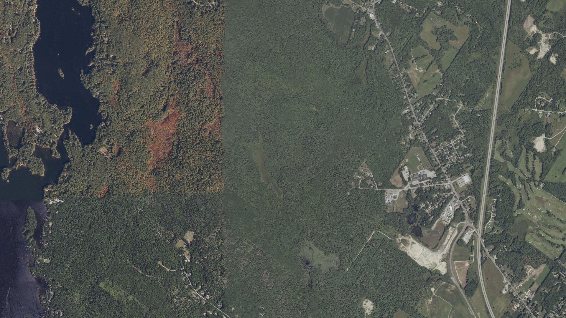 Natural-color aerial photograph of land around Gray, Maine