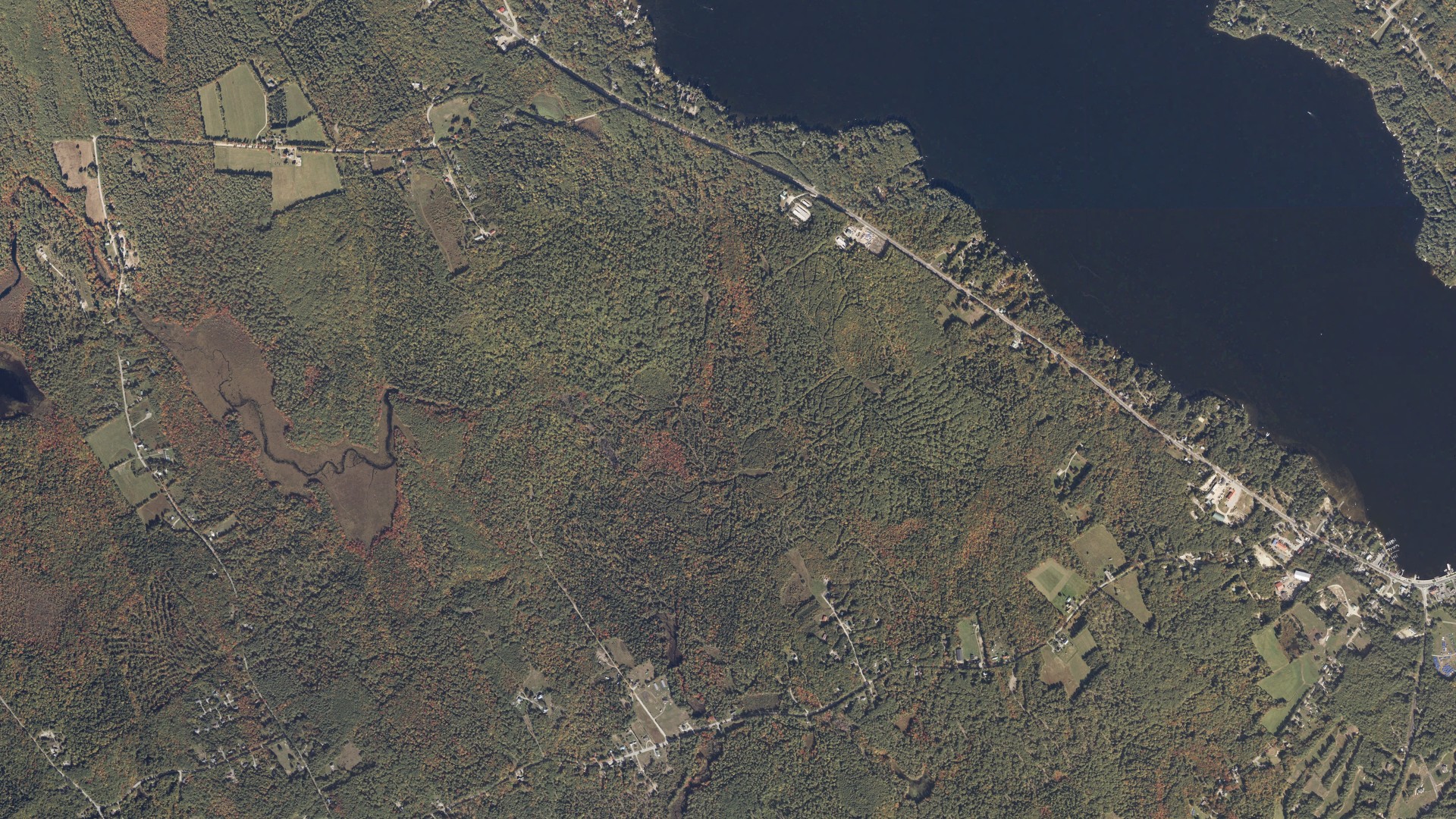 Natural-color aerial photograph of land around Naples, Maine
