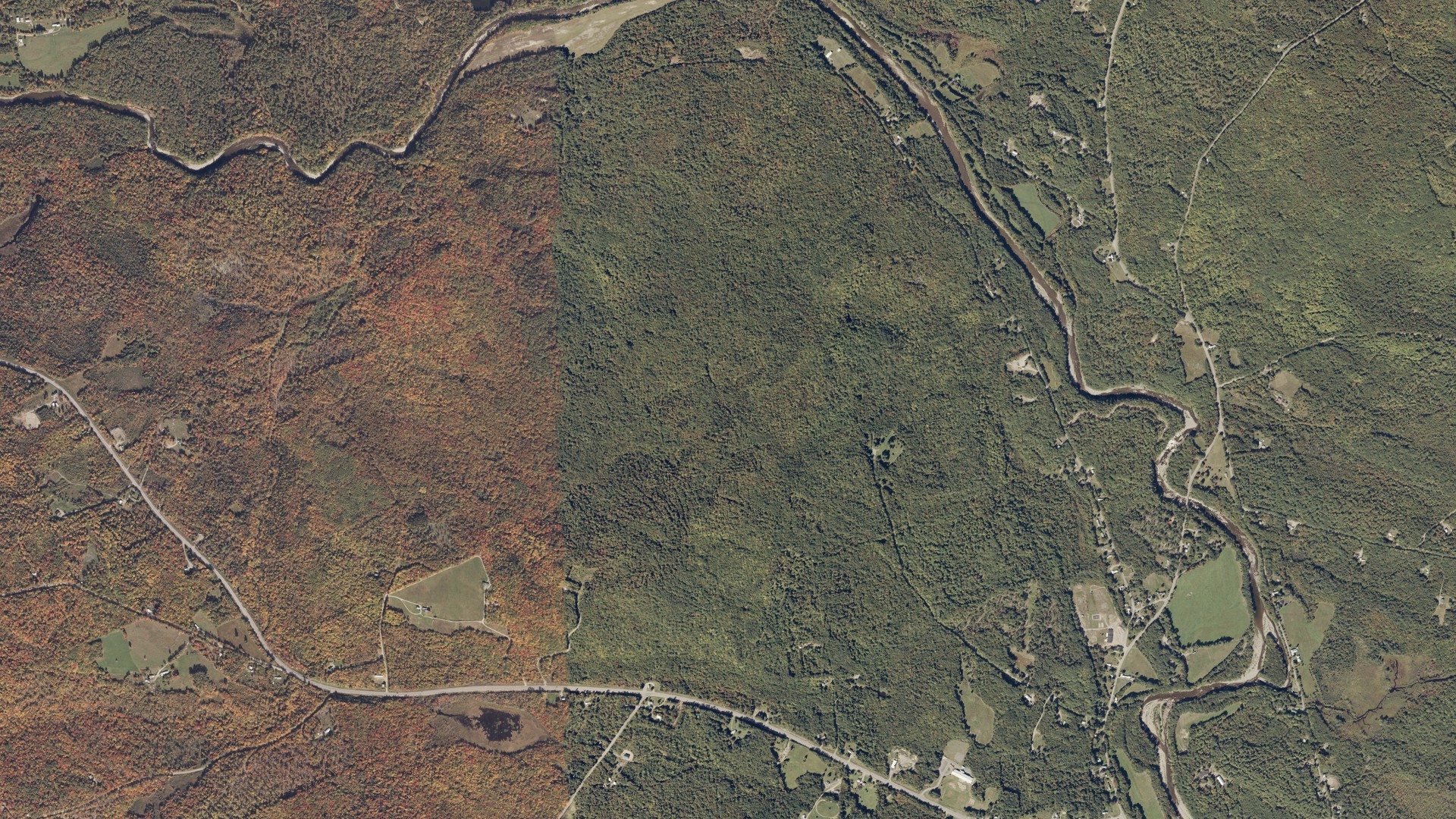 Natural-color aerial photograph of land around Phillips, Maine
