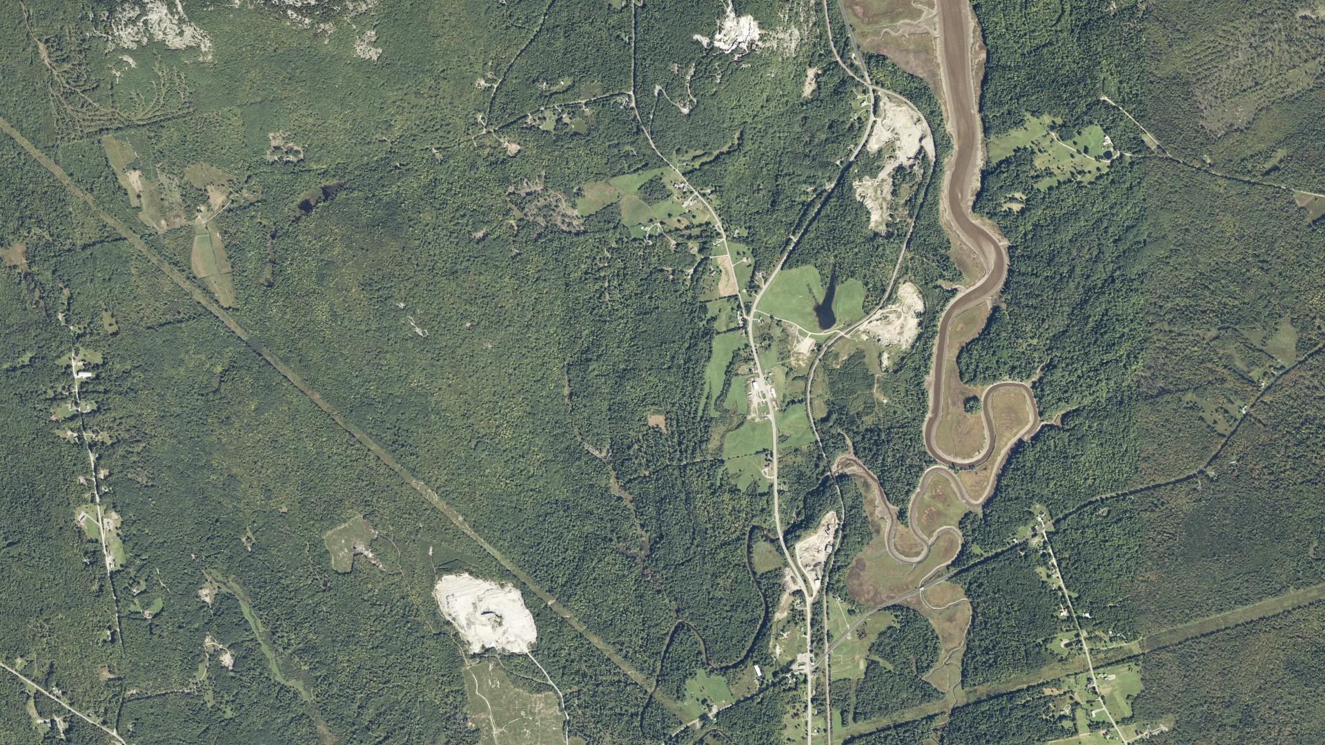 Natural-color aerial photograph of land around Prospect, Maine