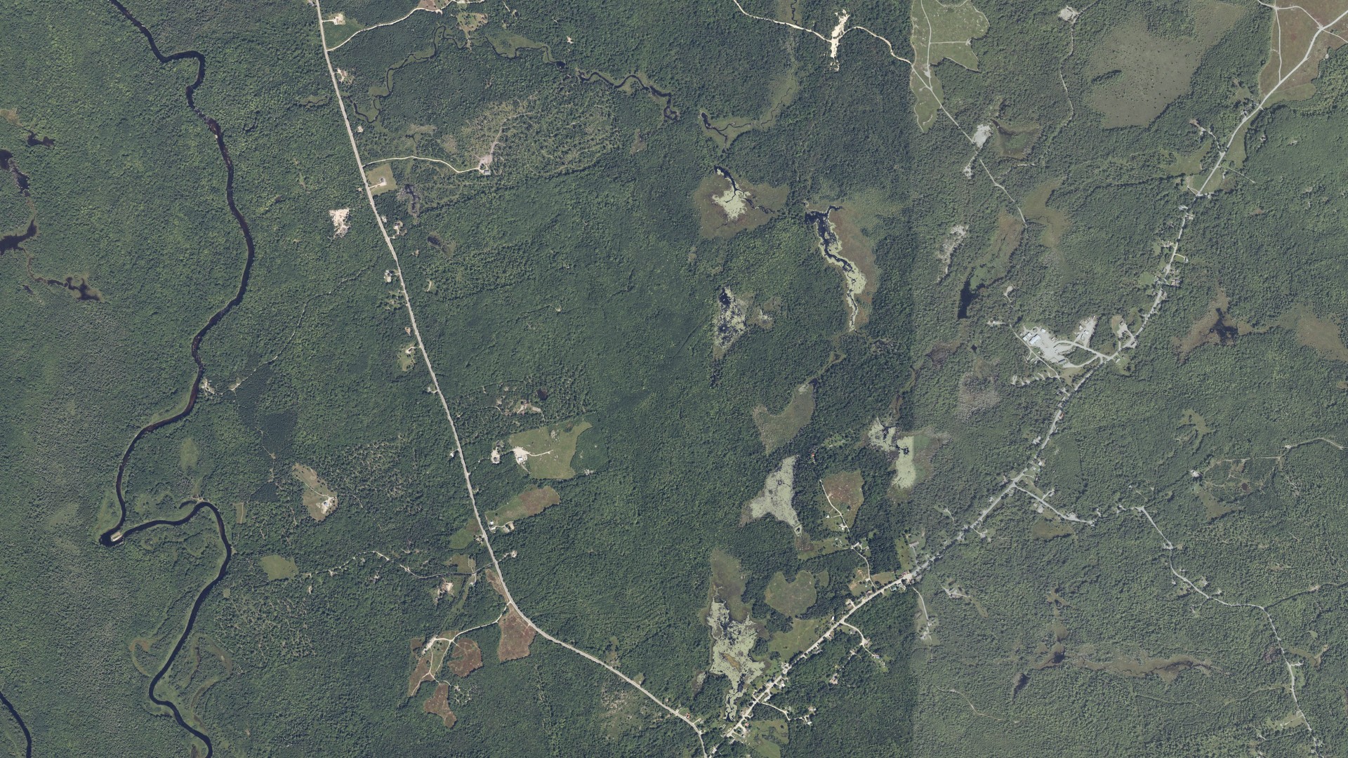 Natural-color aerial photograph of land around Cherryfield, Maine