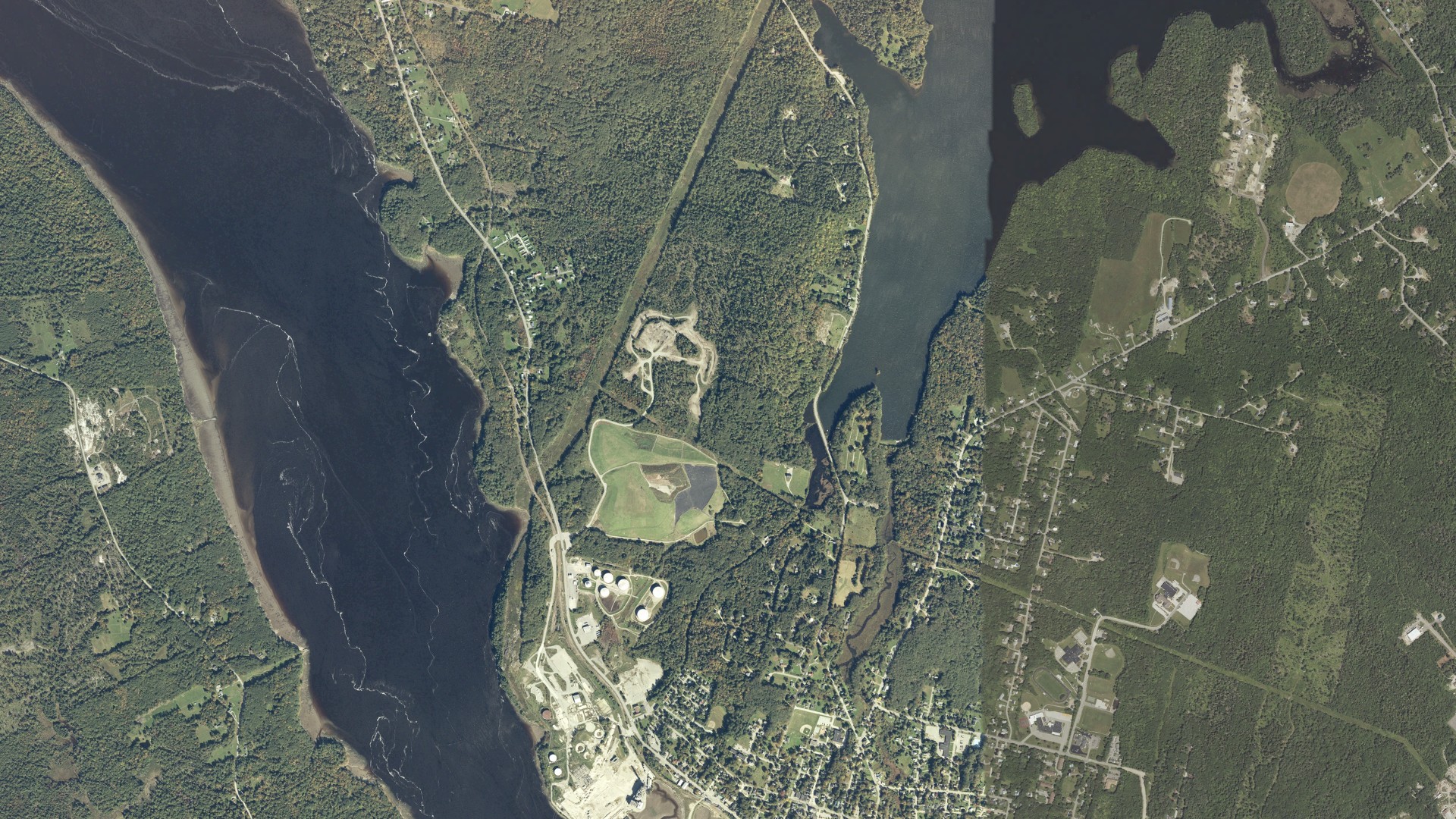 Natural-color aerial photograph of land around Bucksport, Maine