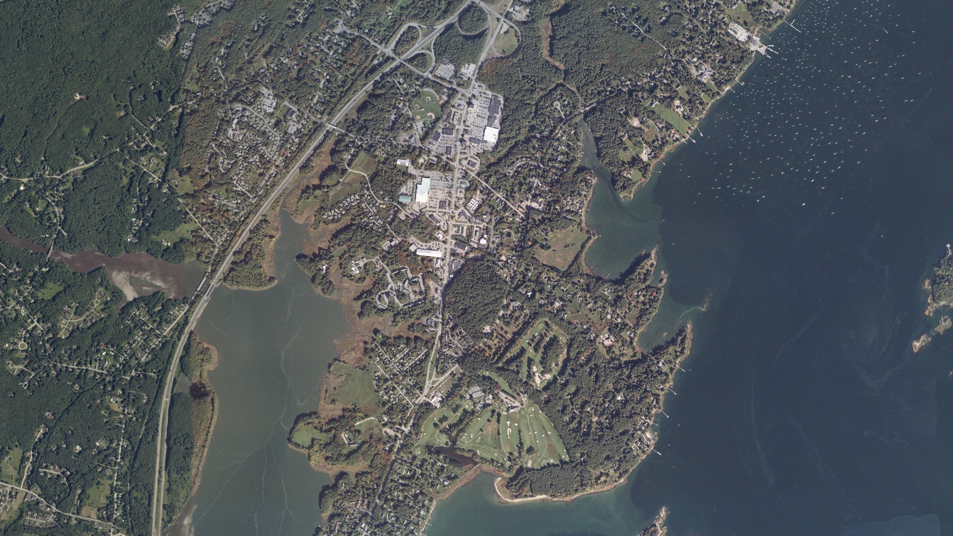Natural-color aerial photograph of land around Falmouth, Maine
