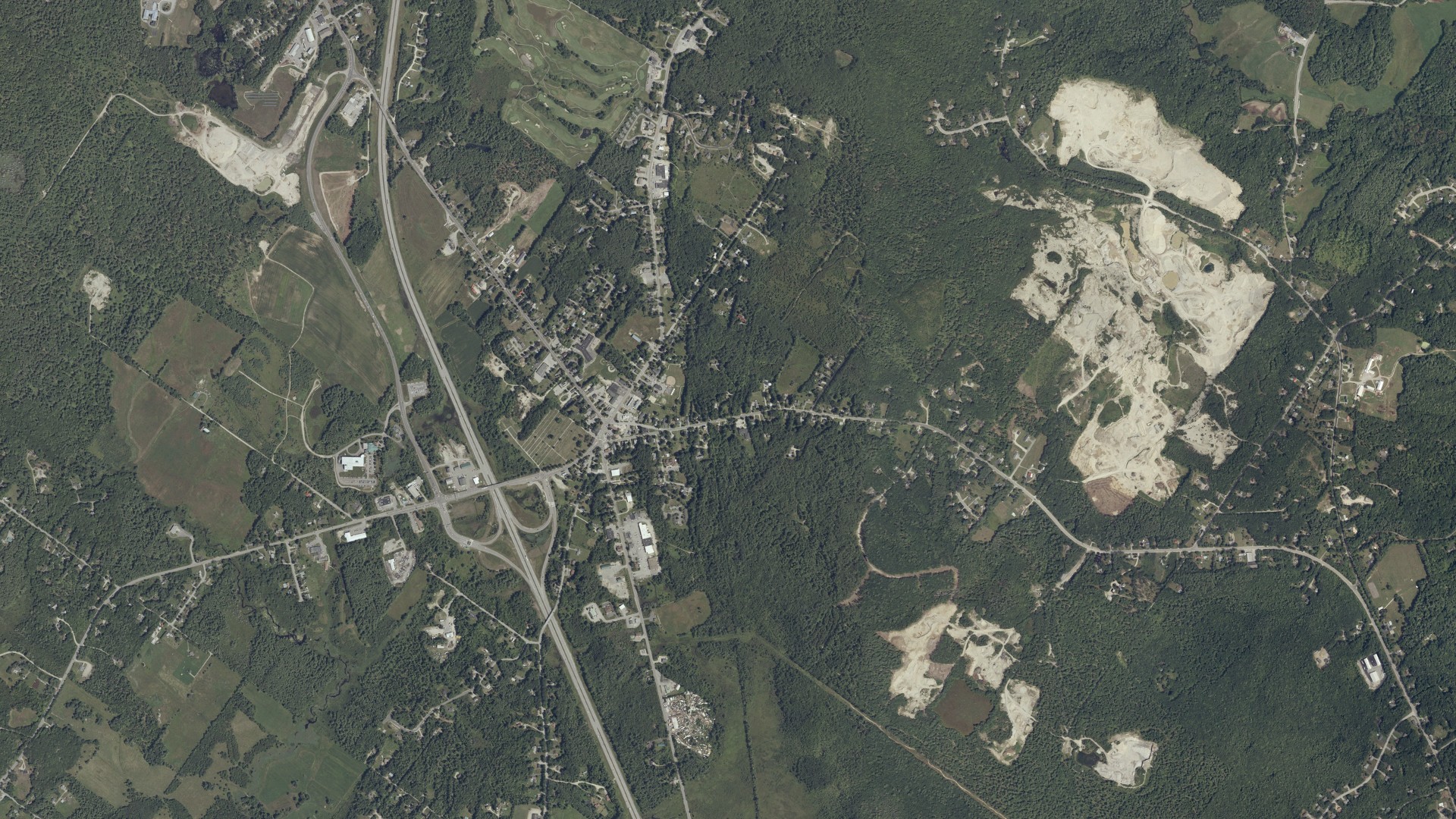Natural-color aerial photograph of land around Gray, Maine