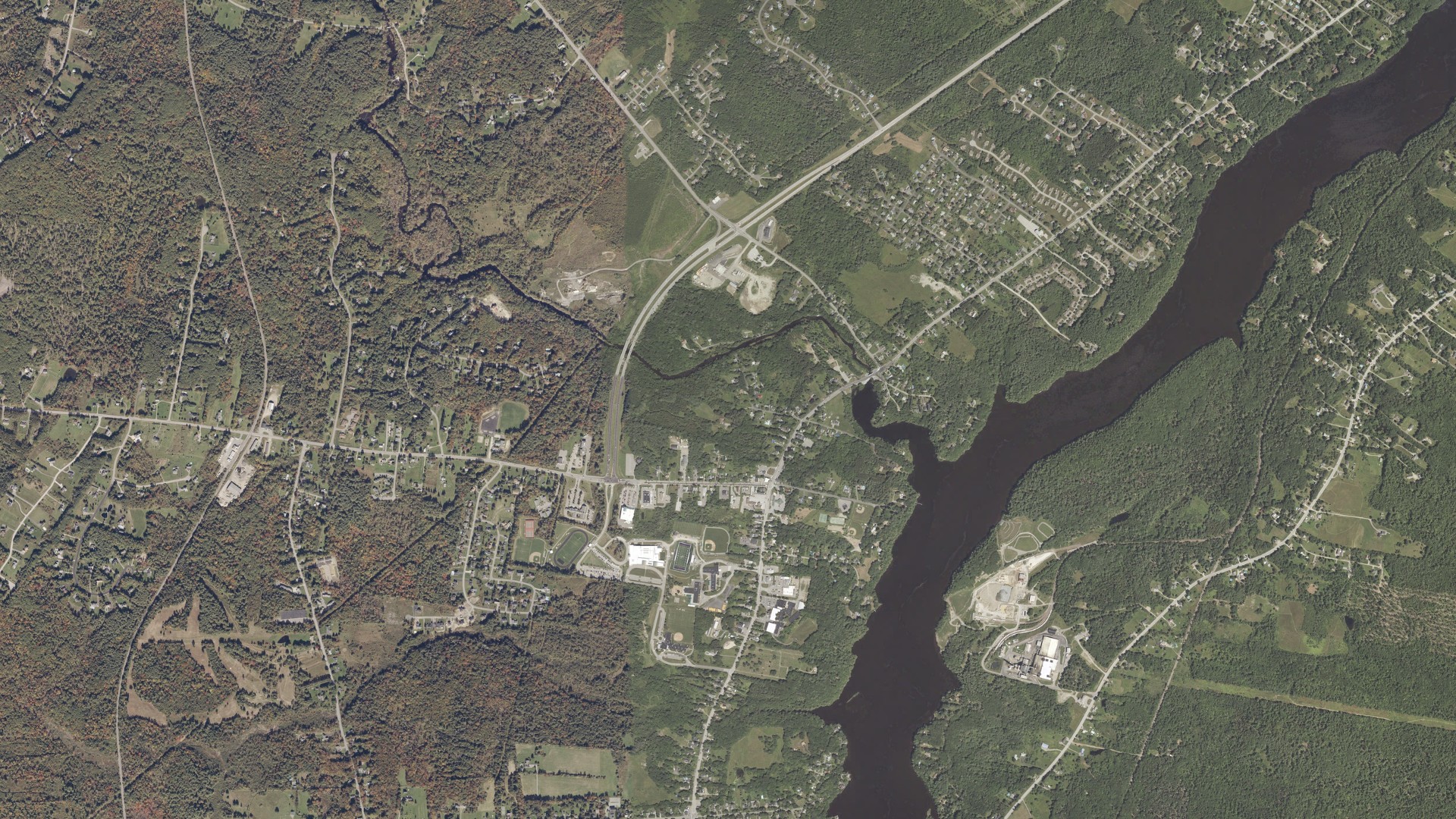 Natural-color aerial photograph of land around Hampden, Maine