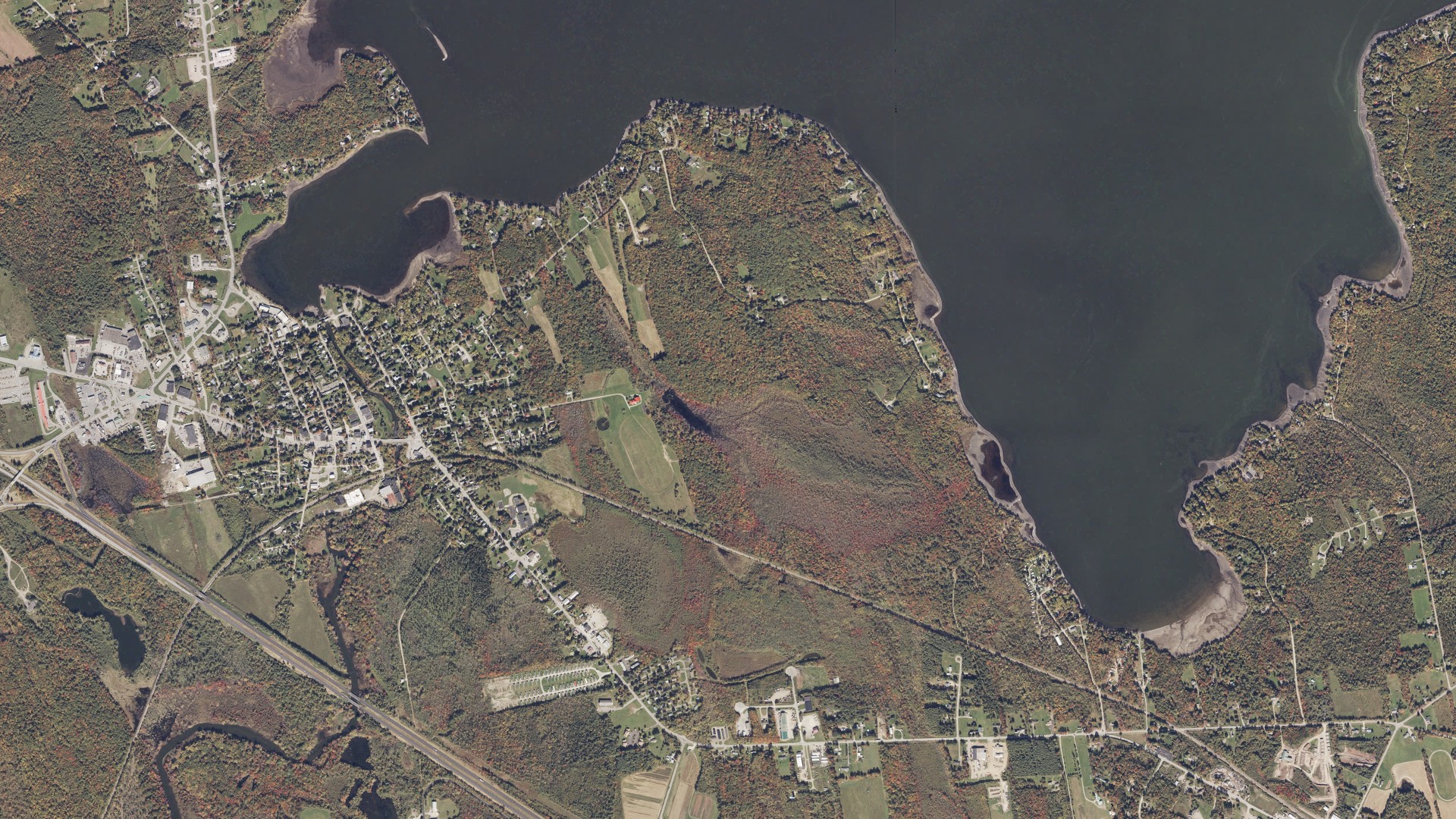 Natural-color aerial photograph of land around Newport, Maine