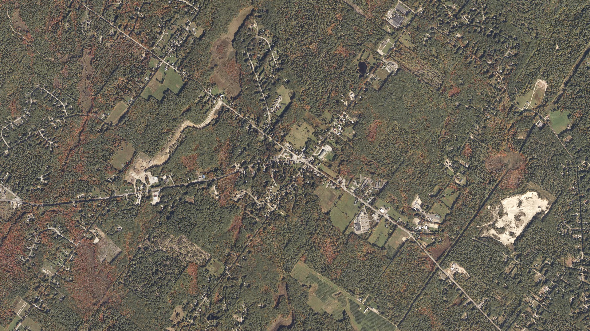 Natural-color aerial photograph of land around Standish, Maine