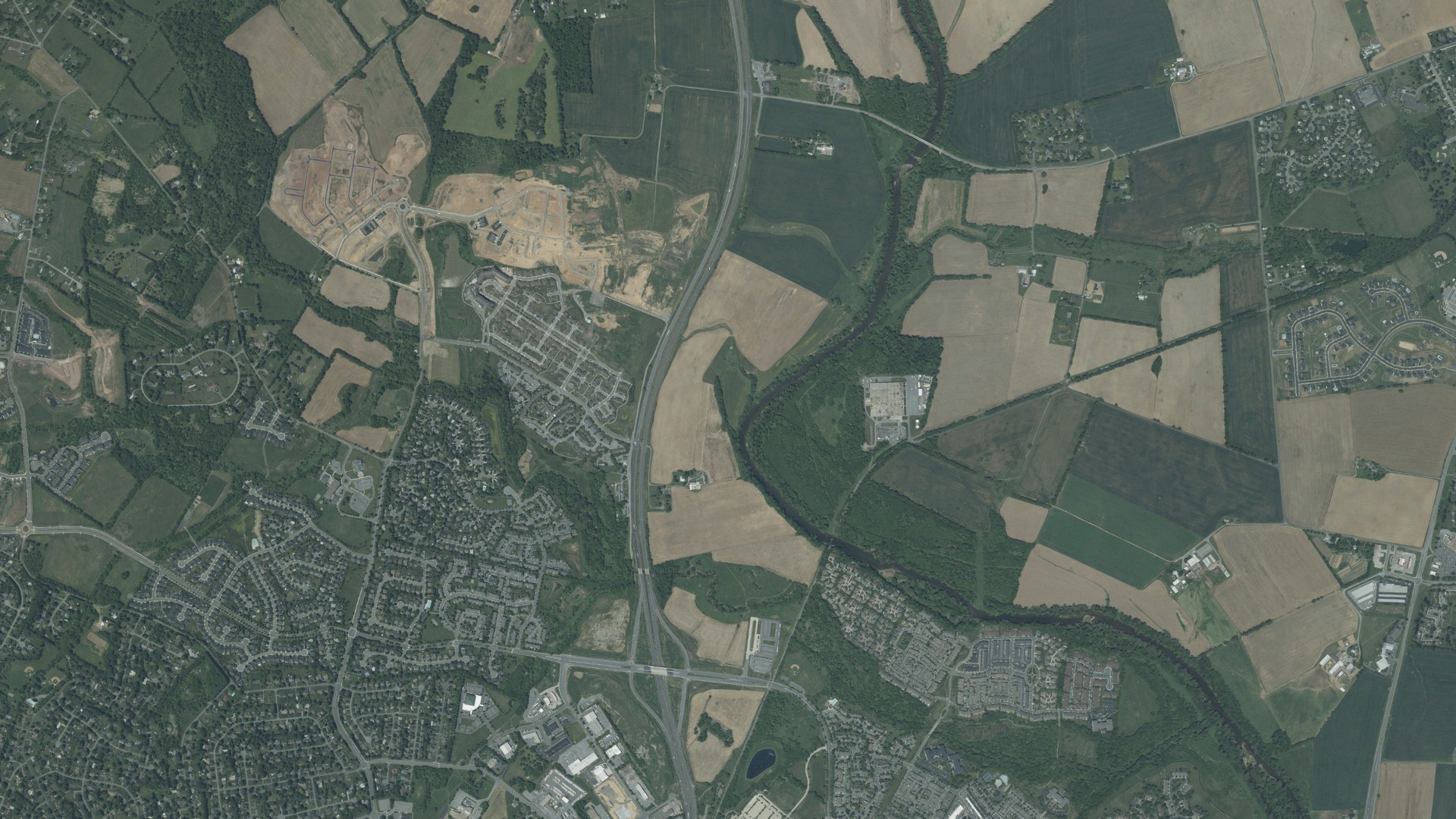 Natural-color aerial photograph of land around Frederick County, Maryland