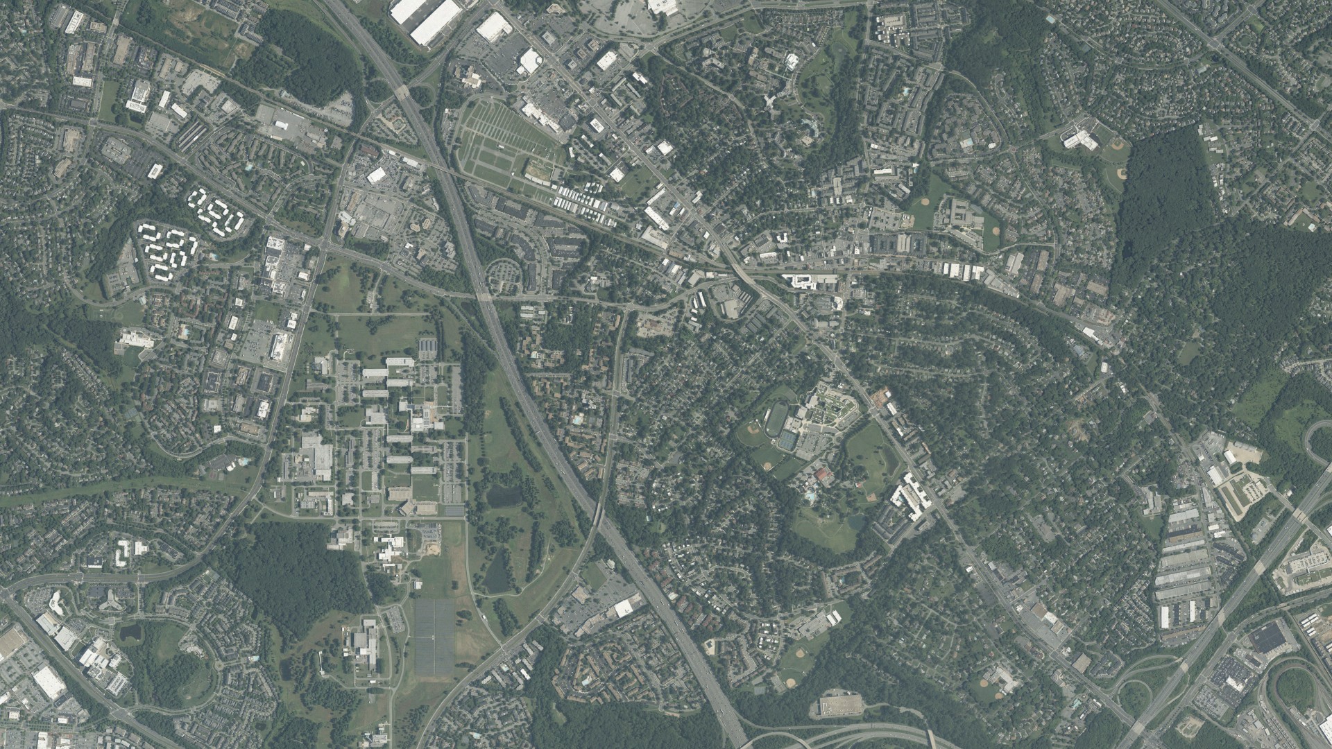 Natural-color aerial photograph of land around Montgomery County, Maryland