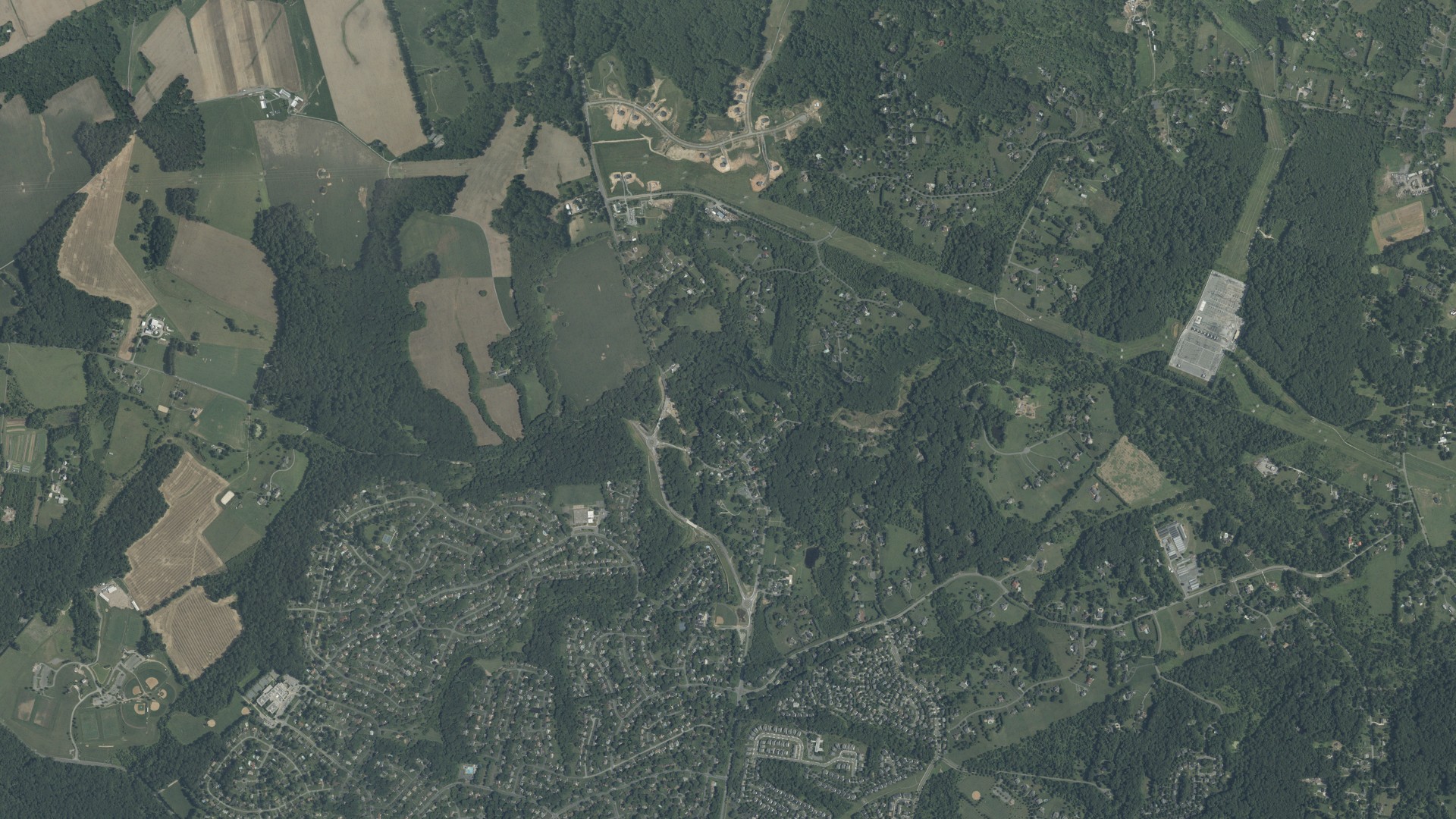 Natural-color aerial photograph of land around Brookeville, Maryland