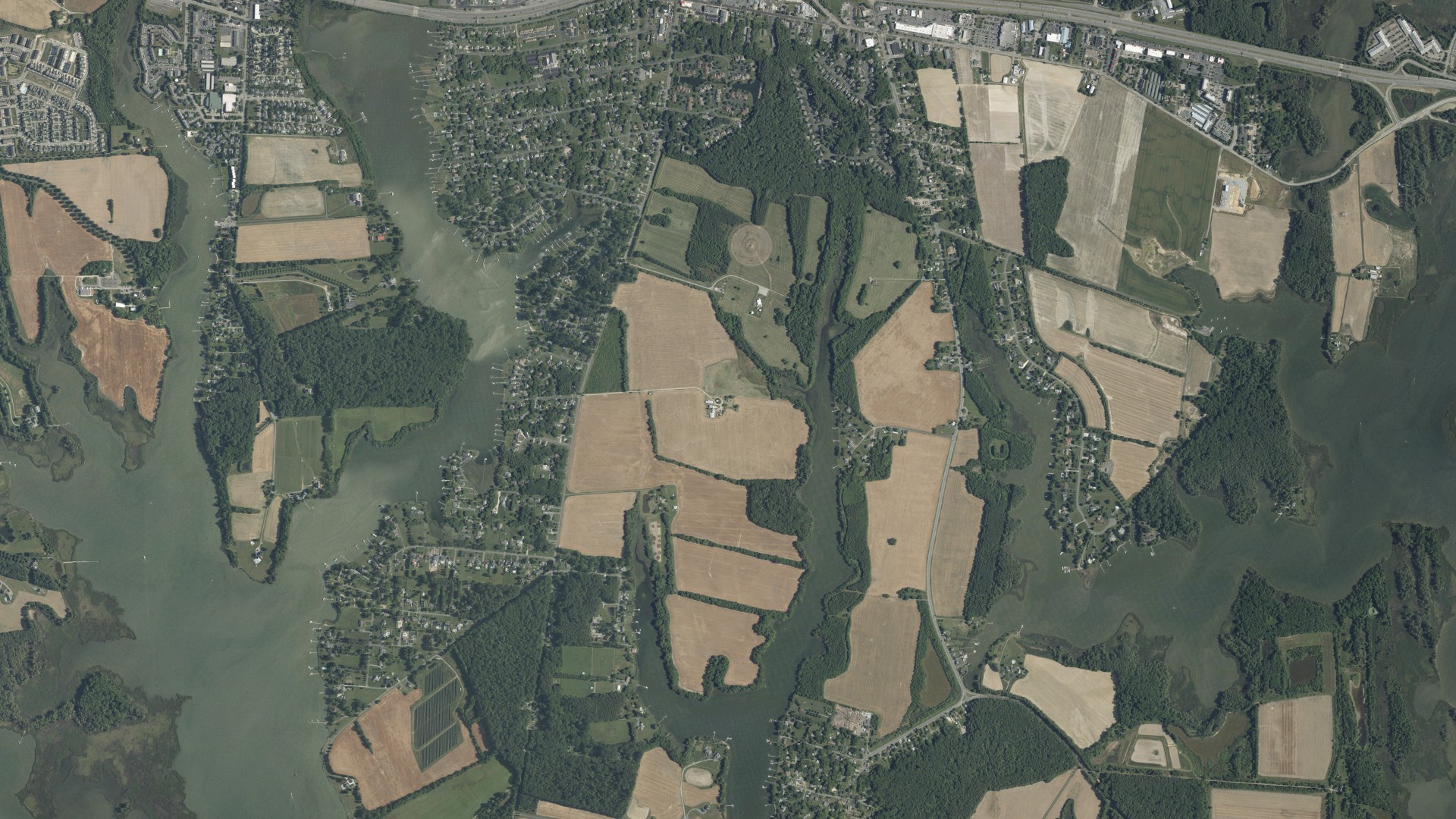 Natural-color aerial photograph of land around Chester, Maryland