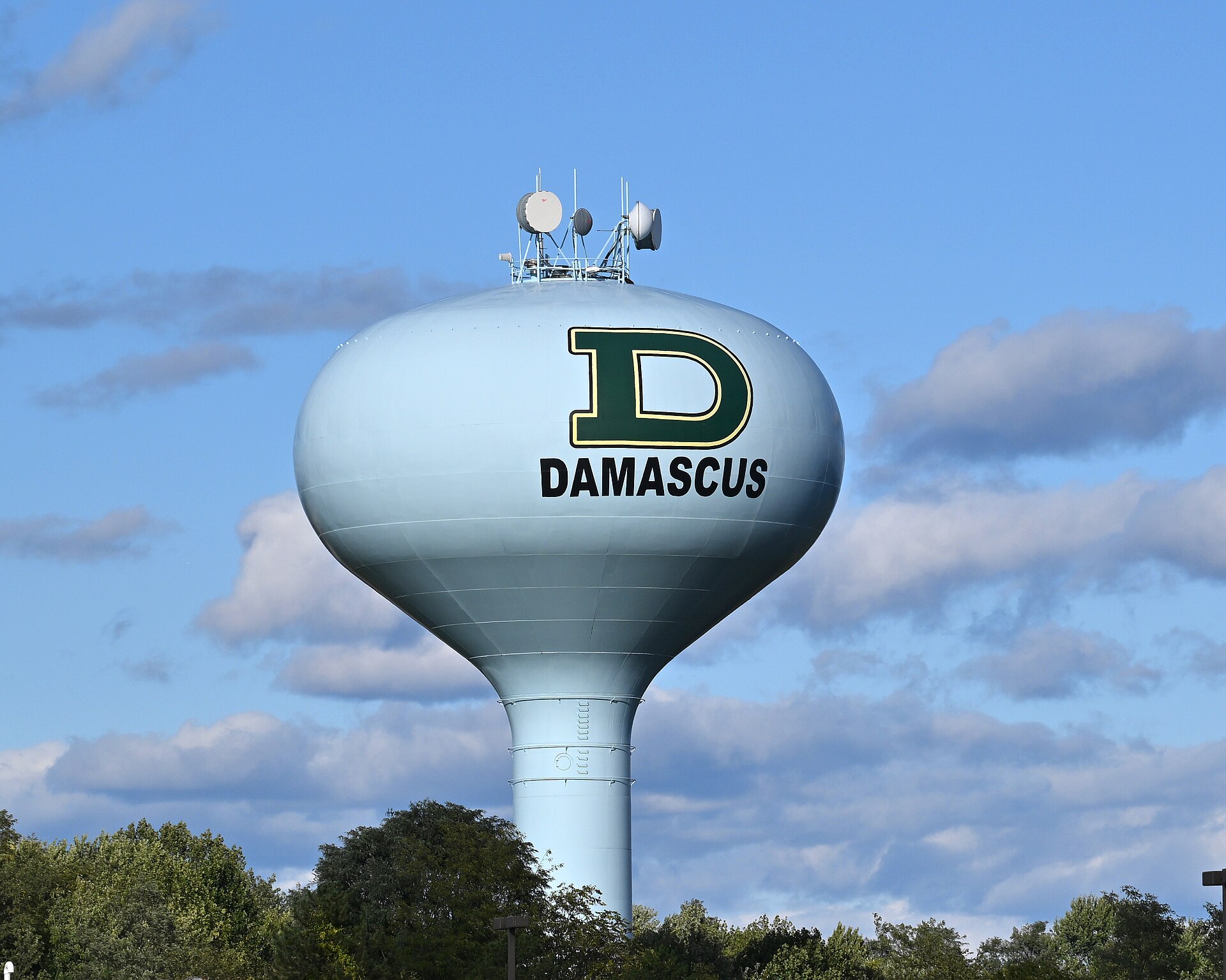 The water tower in Damascus, Maryland with a huge D and the word Damascus on it.