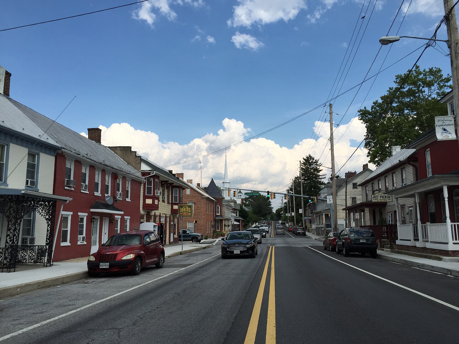 View east along U.S. Route 40 Alternate (Baltimore Street) between Westside Avenue and Antietam Street in Funkstown, Washington County, Maryland