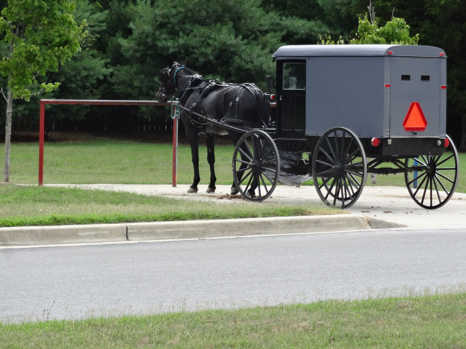 Horse and buggy parking lot for the Amish at County First Bank, Mechanicsville, St. Mary's County, Maryland.