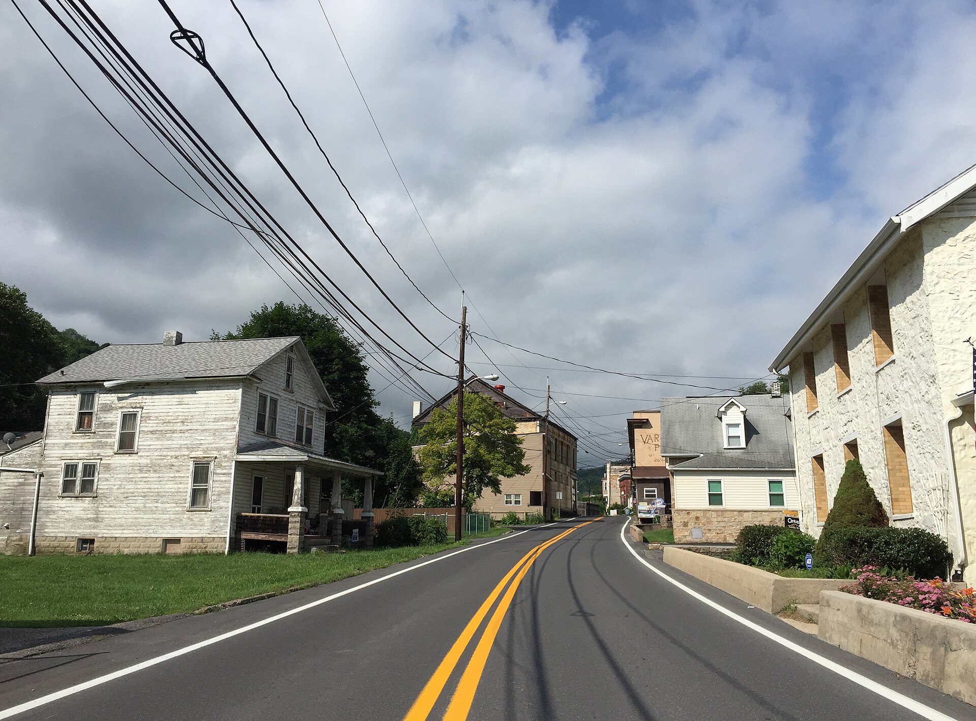 View south along Maryland State Route 36 (Mount Savage Road) just east of St. Georges Lane in Mount Savage, Allegany County, Maryland