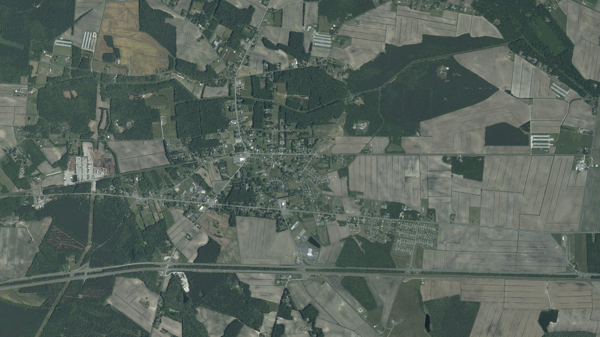 Natural-color aerial photograph of land around Pittsville, Maryland