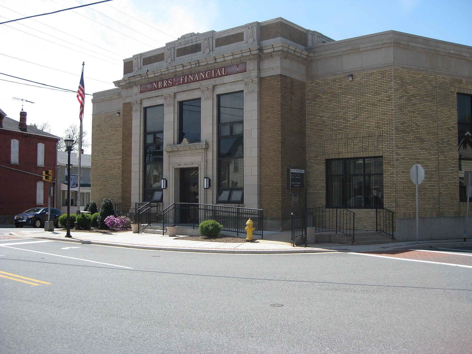 The NBRS bank at the corner of Main St, Queen St, and Pearl St in Rising Sun, Maryland