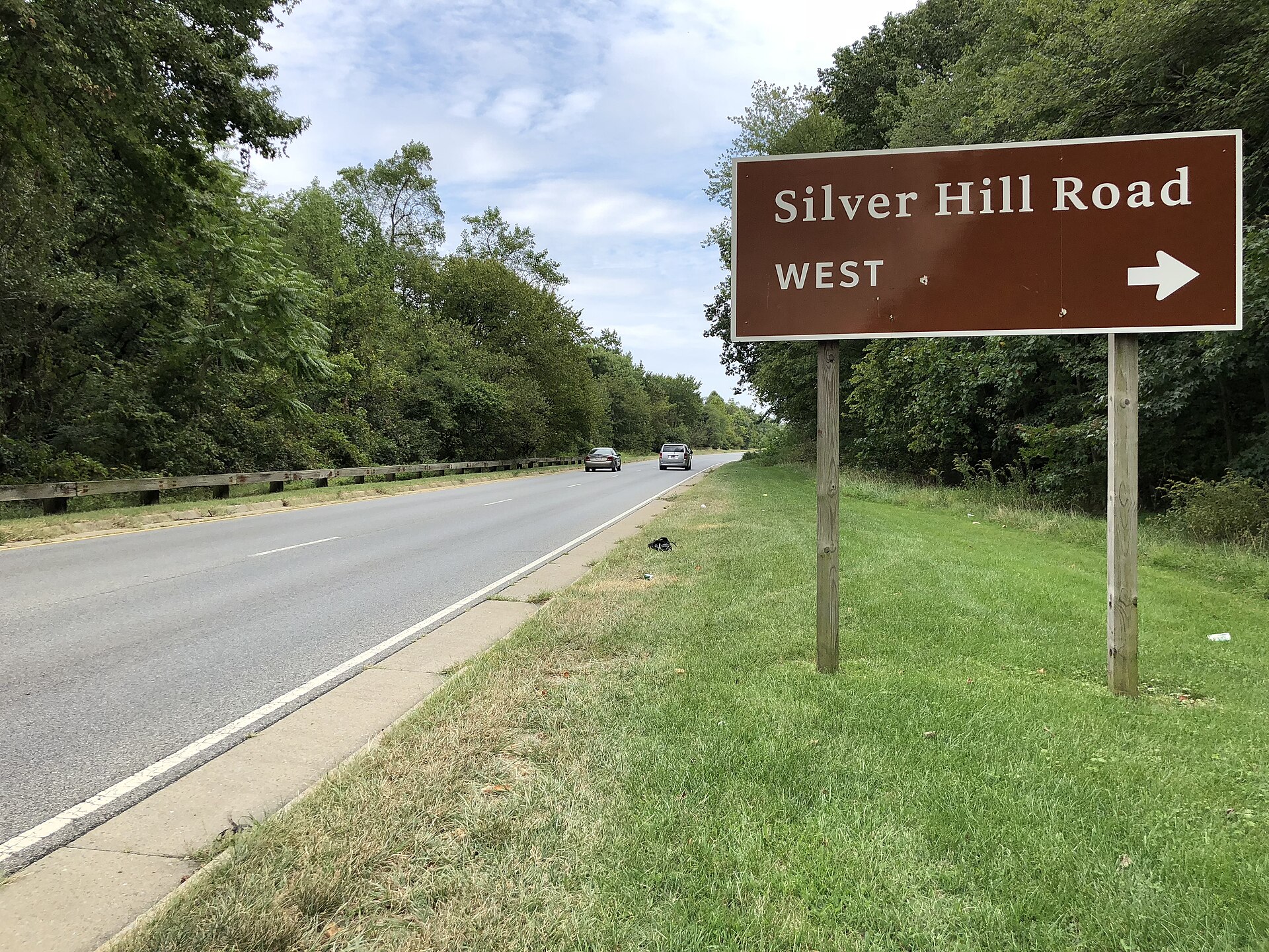 View east along the Suitland Parkway at the exit for Silver Hill Road WEST on the edge of Silver Hill and Suitland in Prince George's County, Maryland