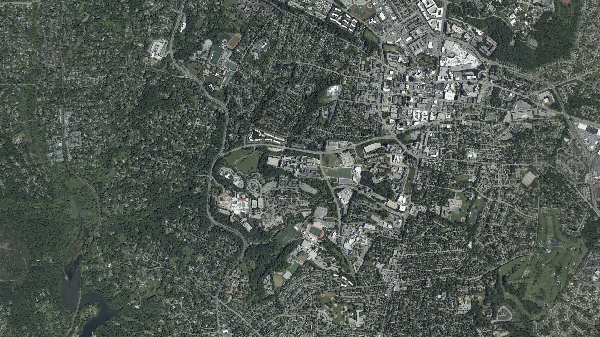 Natural-color aerial photograph of land around Towson, Maryland
