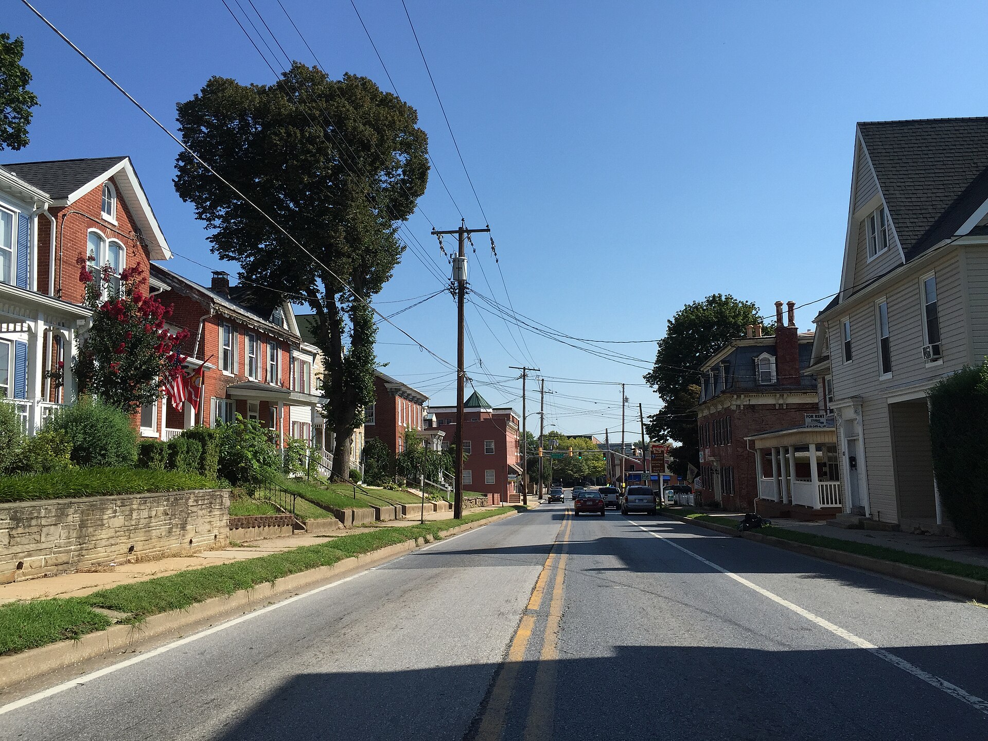 View north along Maryland State Route 27 (Liberty Street) at Chase Street in Westminster, Carroll County, Maryland