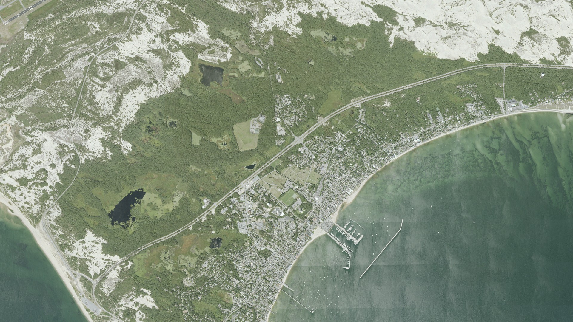 Natural-color aerial photograph of land around Provincetown, Massachusetts