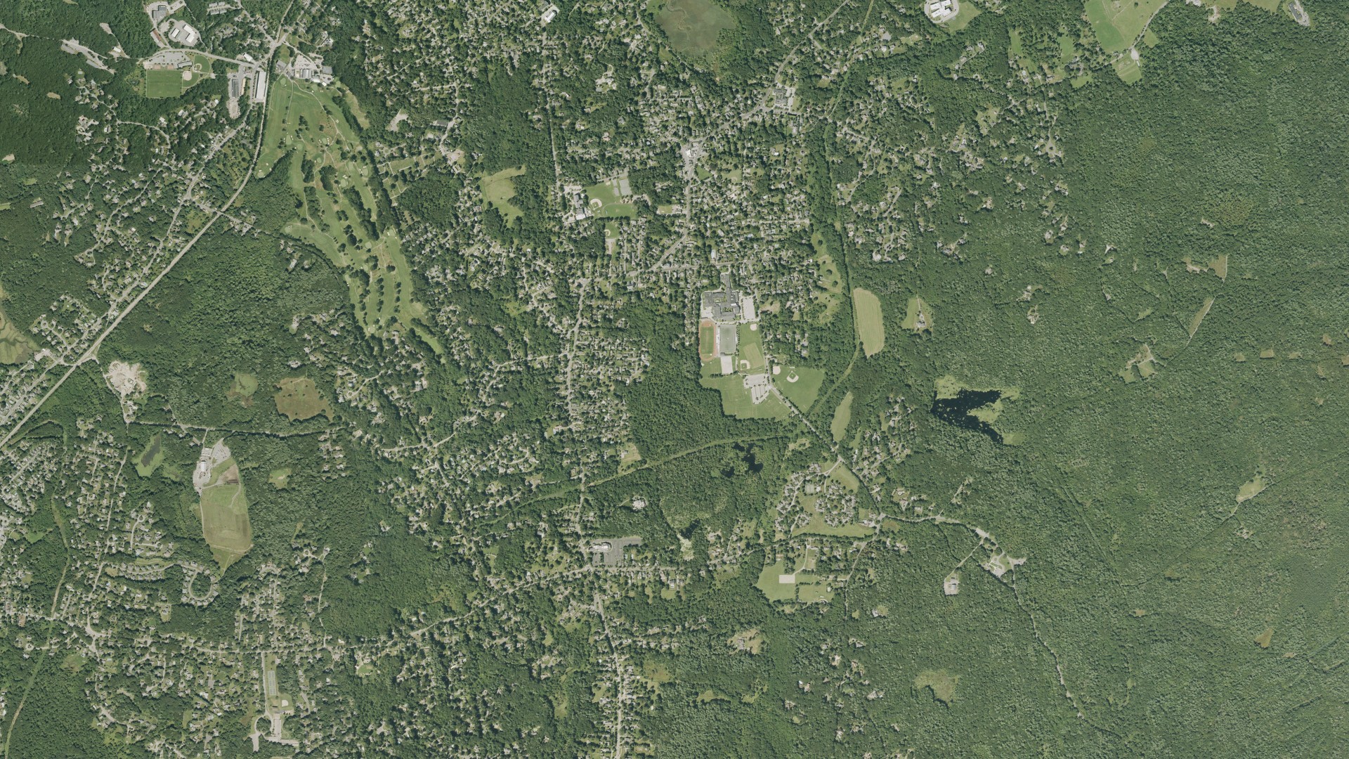 Natural-color aerial photograph of land around Hingham, Massachusetts